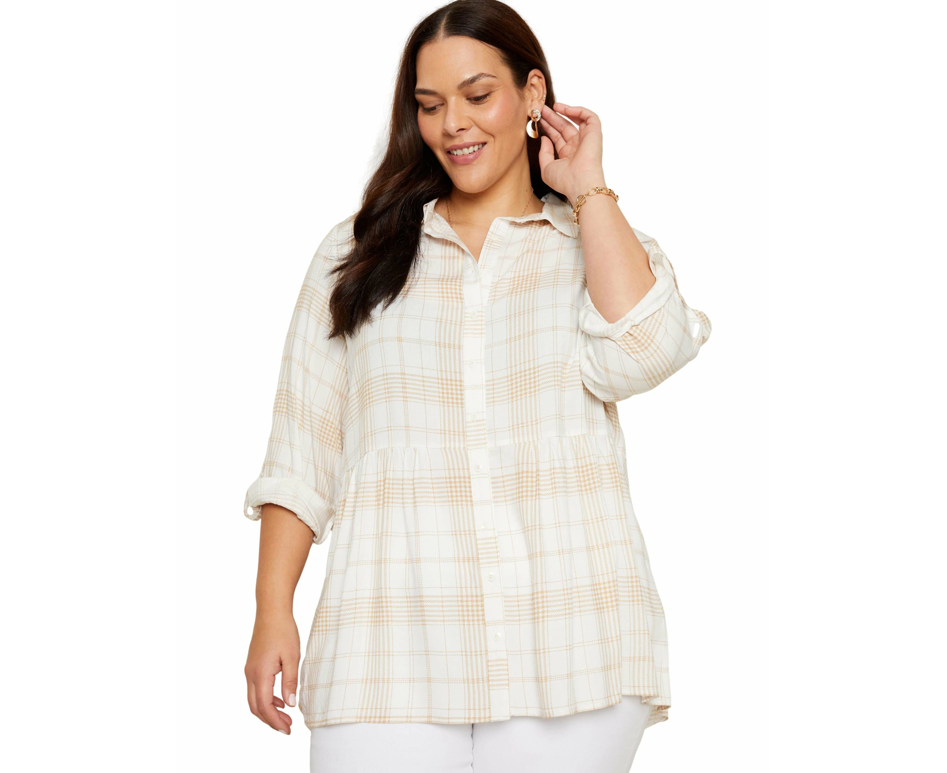 Autograph - Womens Plus Size - Tops - Winter - Blouse / Shirt - White - Long Sleeve - Length Long - Check - Casual Fashion - Office Wear Work Clothes