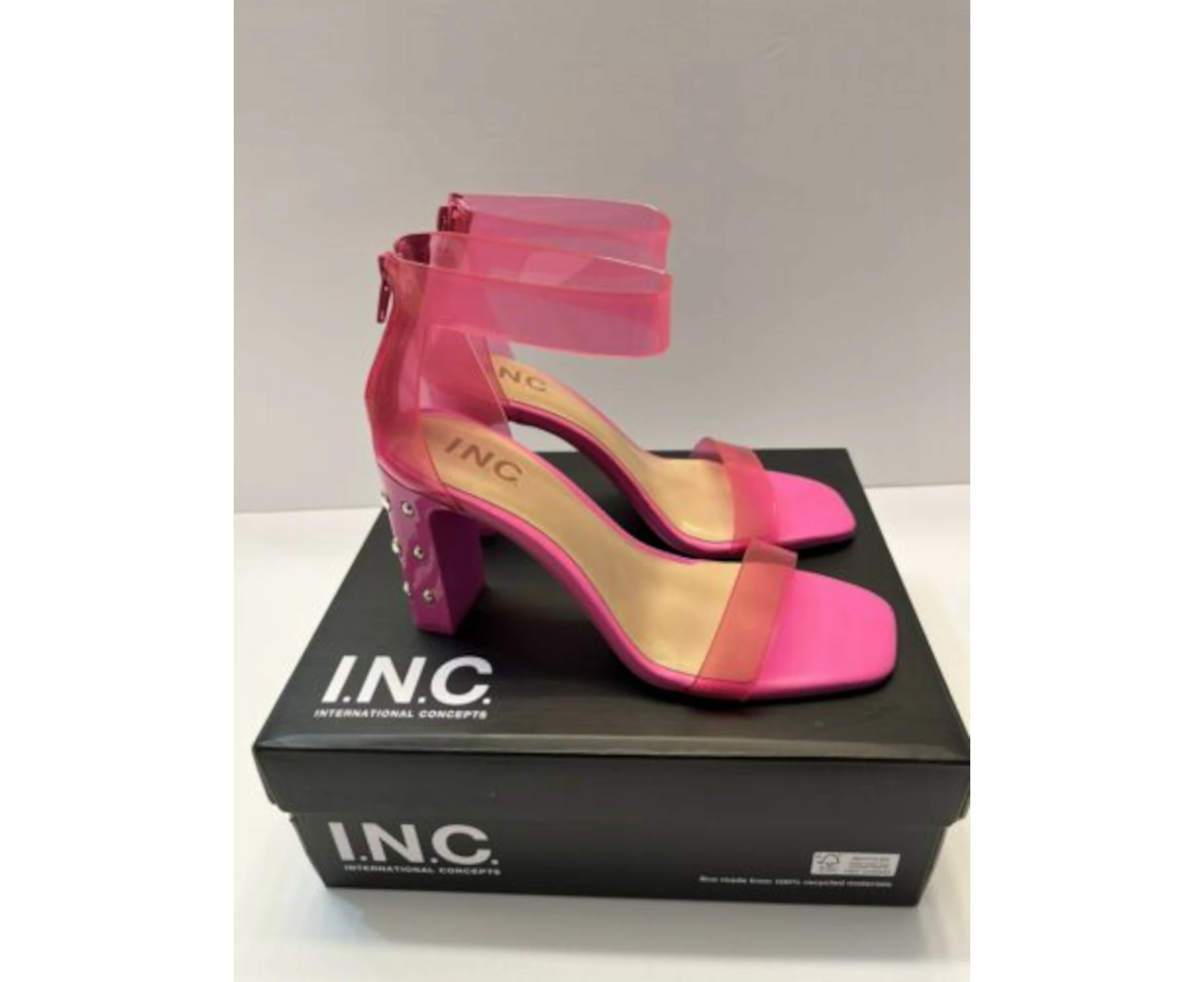 INC Womens Pink Studded Transparent Ankle Strap Cushioned Makenna Square Toe Block Heel Zip-Up Dress Heeled Sandal 5 M