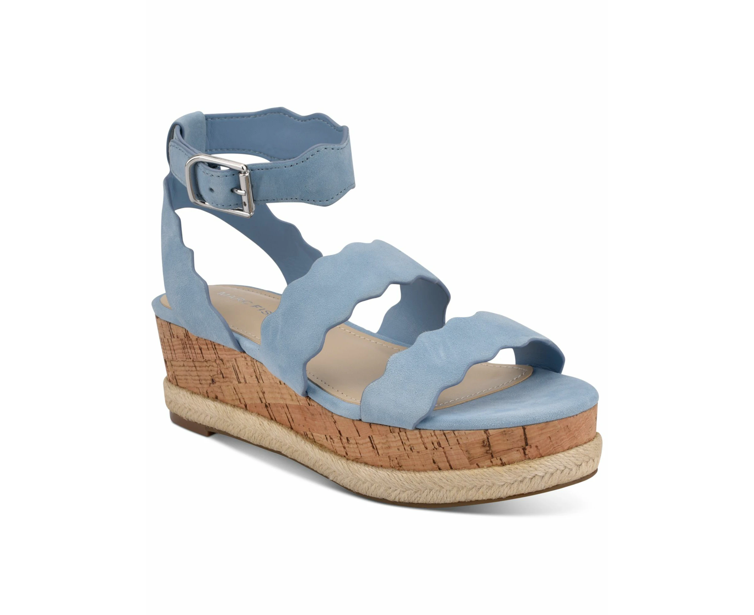 MARC FISHER Womens Blue 1.5" Platform Padded Cork-Like Jute Detailing Scalloped Ankle Strap Fayme Round Toe Wedge Buckle Leather Slingback Sandal 11 M