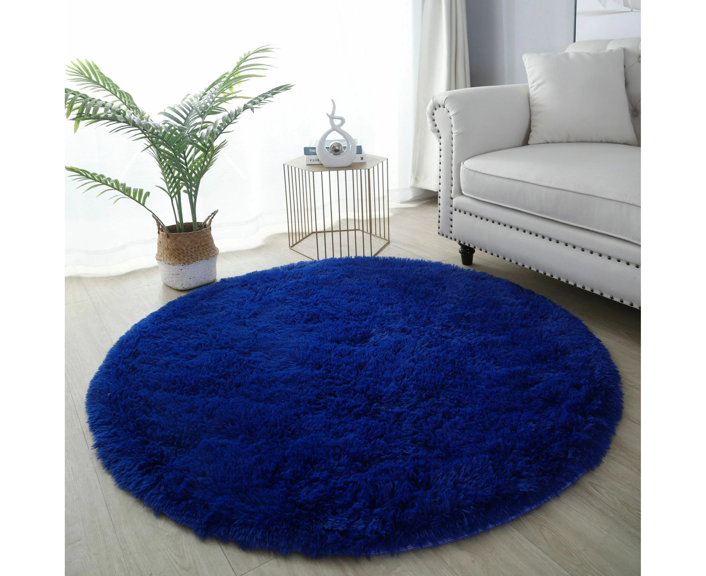 Round Rug, Fluffy Area Rug, Soft Pile Furry Rug, Machine Washable Suitable for Bedroom Kids Room Baby Rugs-Navy blue