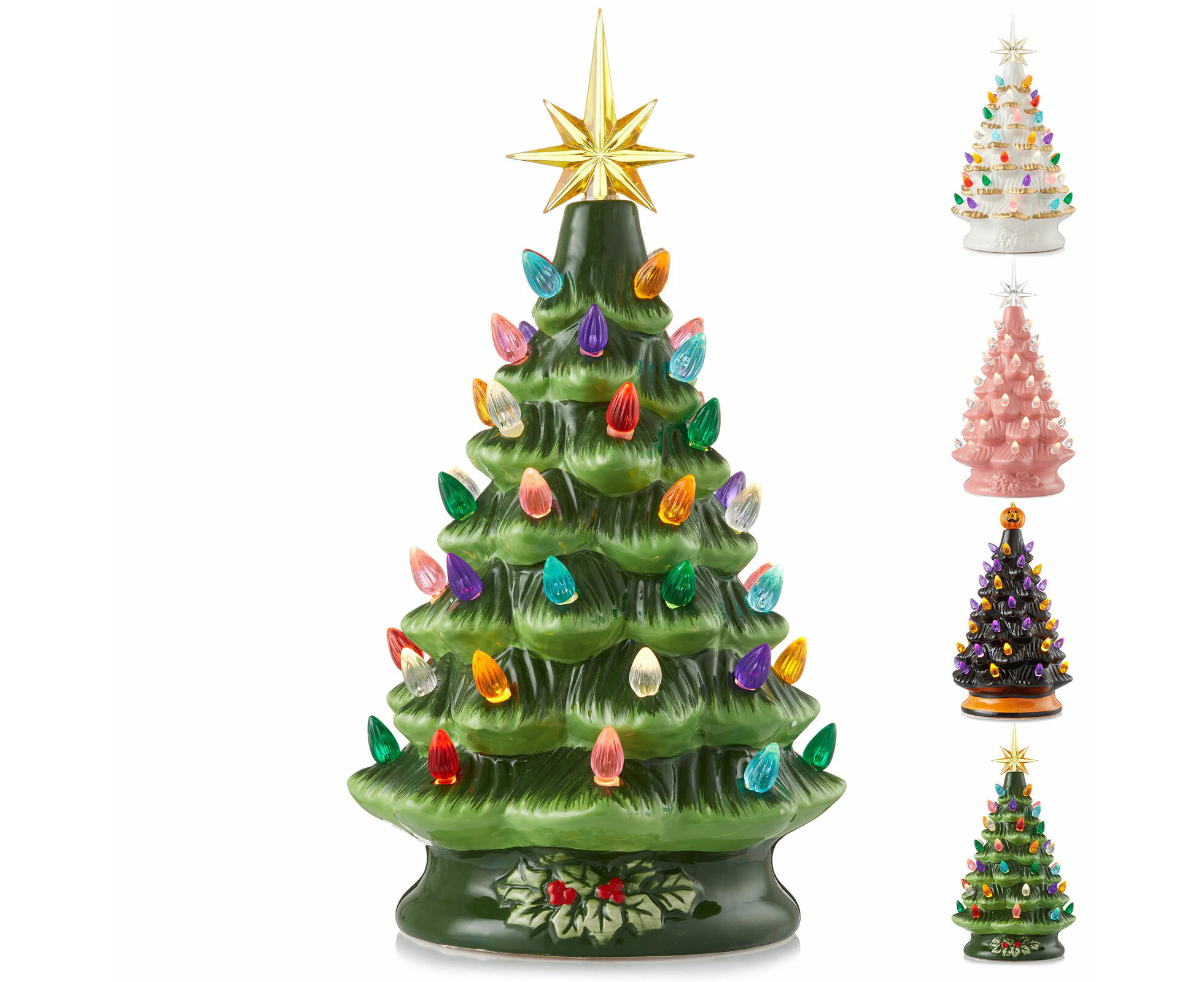 12" Pre-Lit Ceramic Christmas Tree Hand-Painted Tabletop with Lights-Green