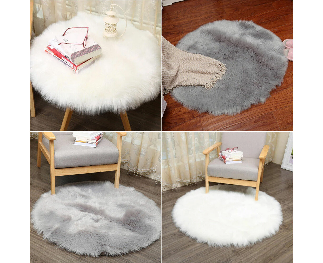 Round Rug Shaggy Plush Wool Carpet Soft Faux Sheepskin Fur Area Rugs For Bedroom-Gray