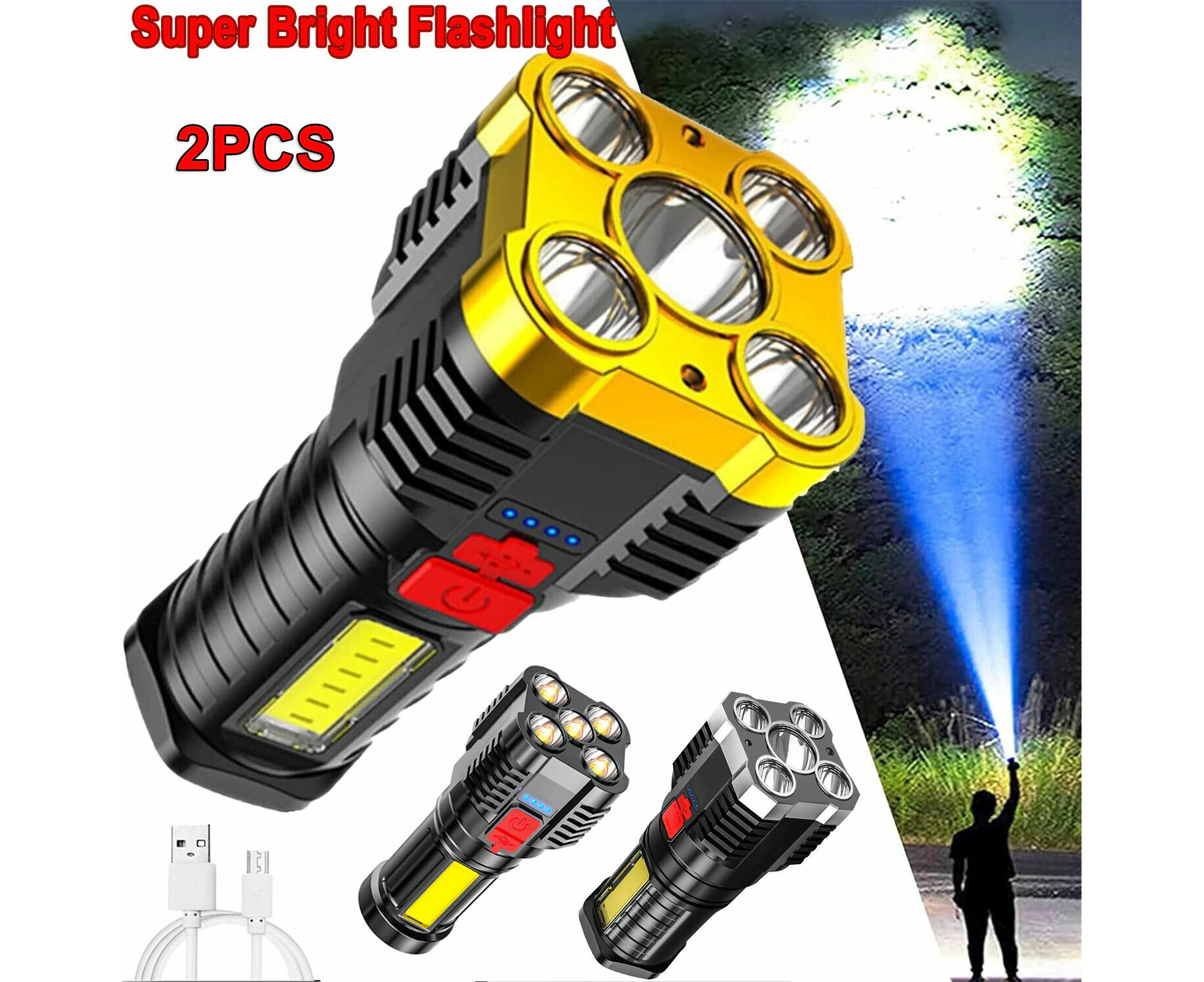 2PCS Super Bright Torch Led Flashlight USB Rechargeable Side Lamp