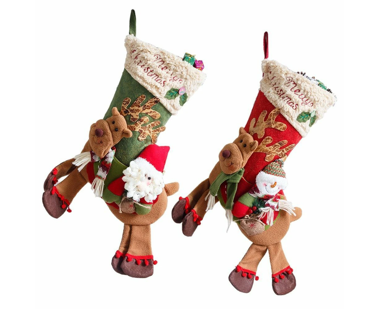 2PCS Christmas Stockings Socks Santa Elk Bear Snowman Plush Candy Fireplace Gift Bag