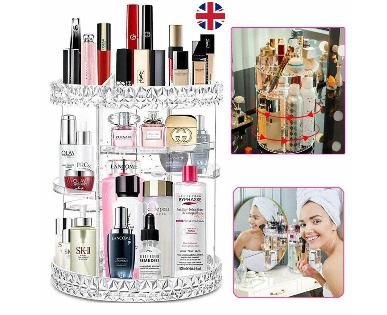 Large 360 Rotating Makeup Organiser Cosmetic Storage Box Perfume Display Stand