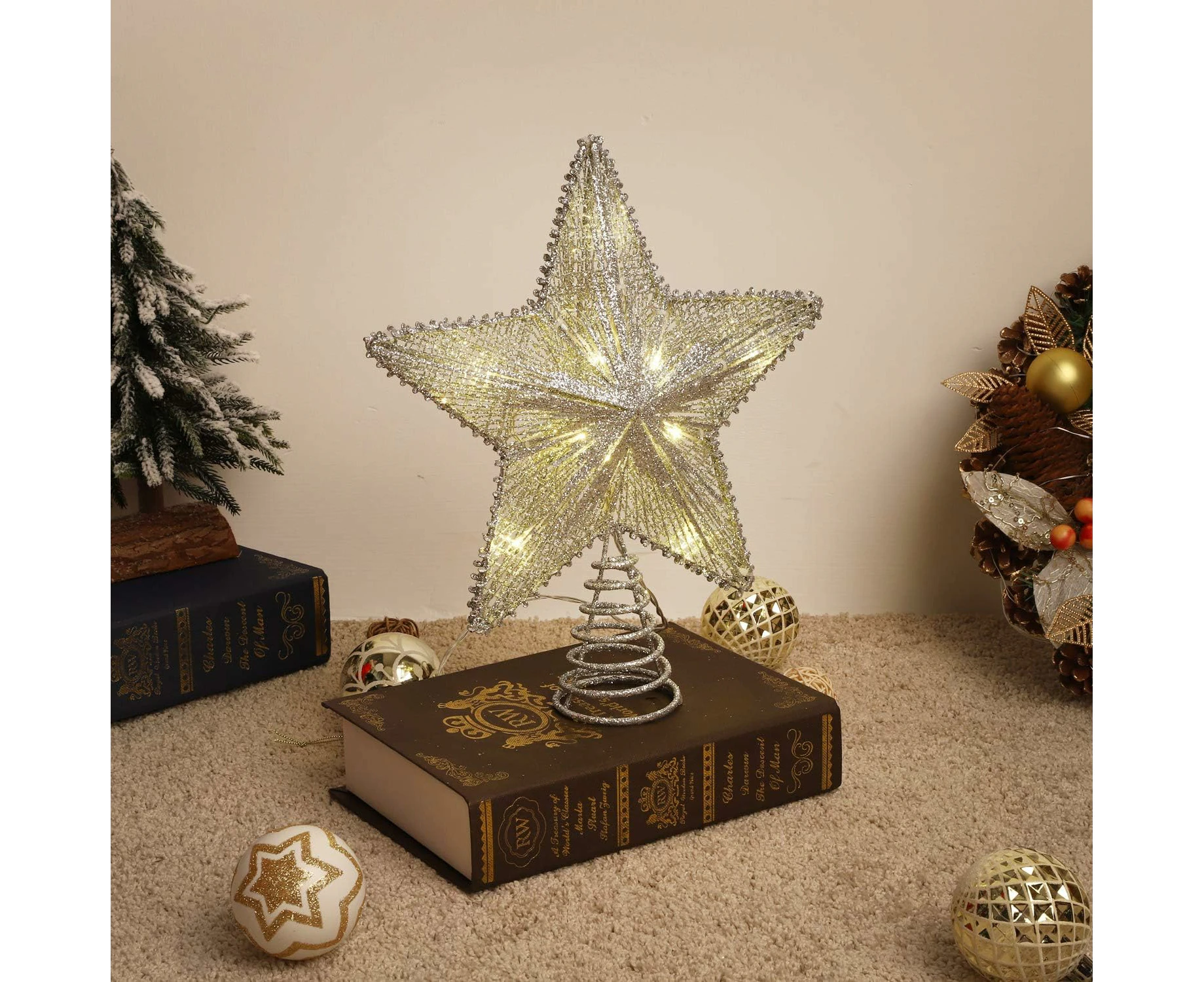 Star Tree Topper, Battery Powered Decorative Light Christmas Concepts Springy Star With Led Lights Beautiful Star Lighting Holiday Decoration,Silver