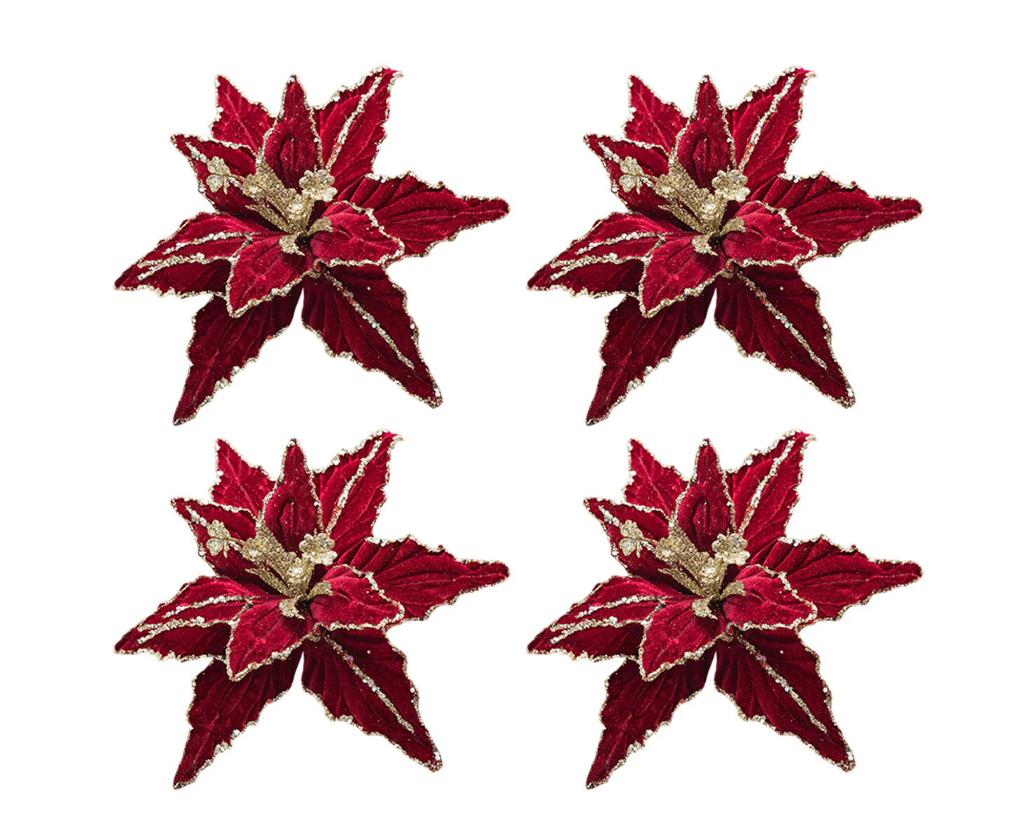 4Pcs Poinsettia Flowers Picks Artificial Glitter Poinsettia Flowers With Stems Christmas Tree Ornaments With Stems,Style 2