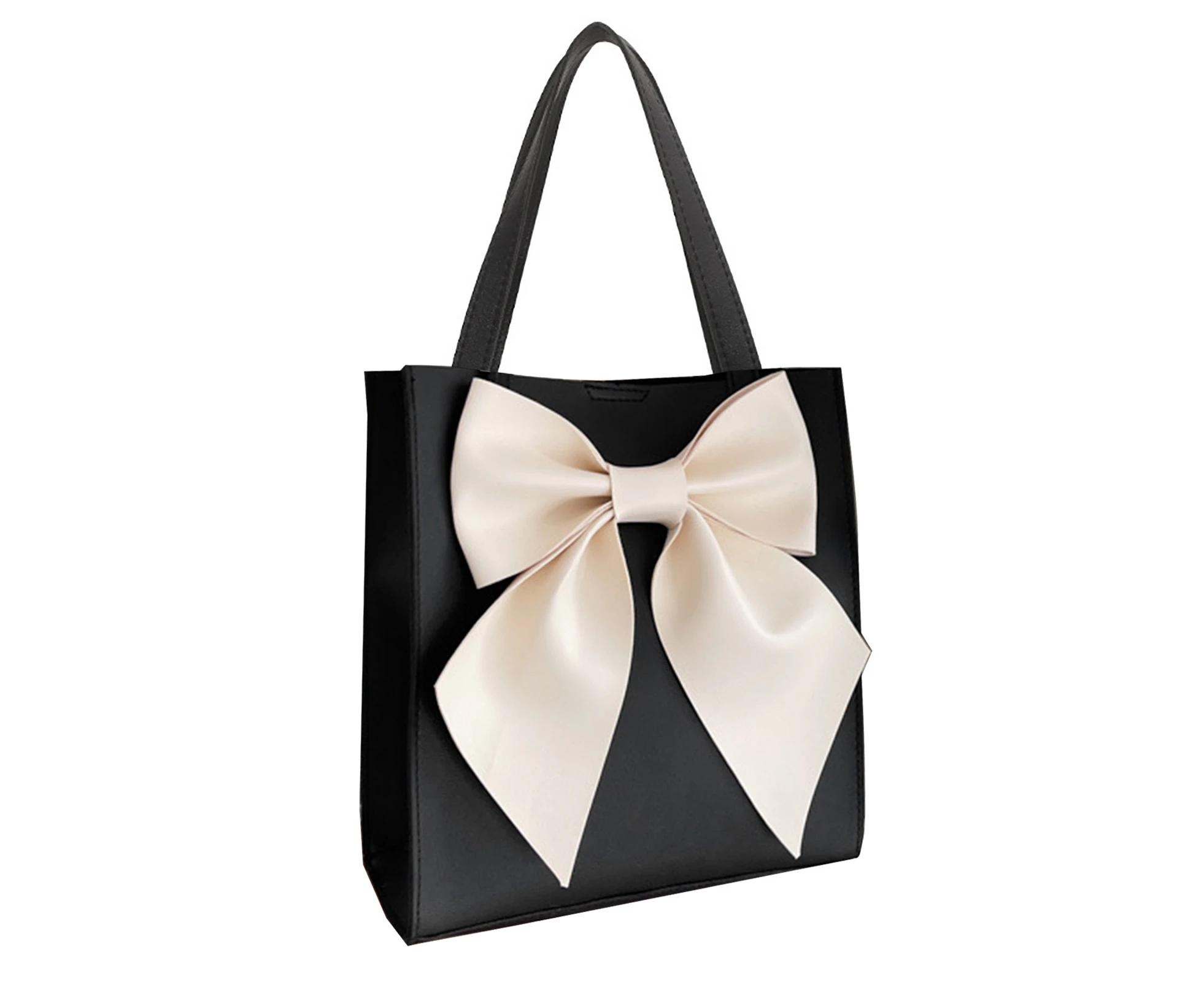 Women Handbag Bowknot Matte Large Capacity Multifunctioanl Fashionable Portable Handle Bag Black Base White Bowknot Free Size