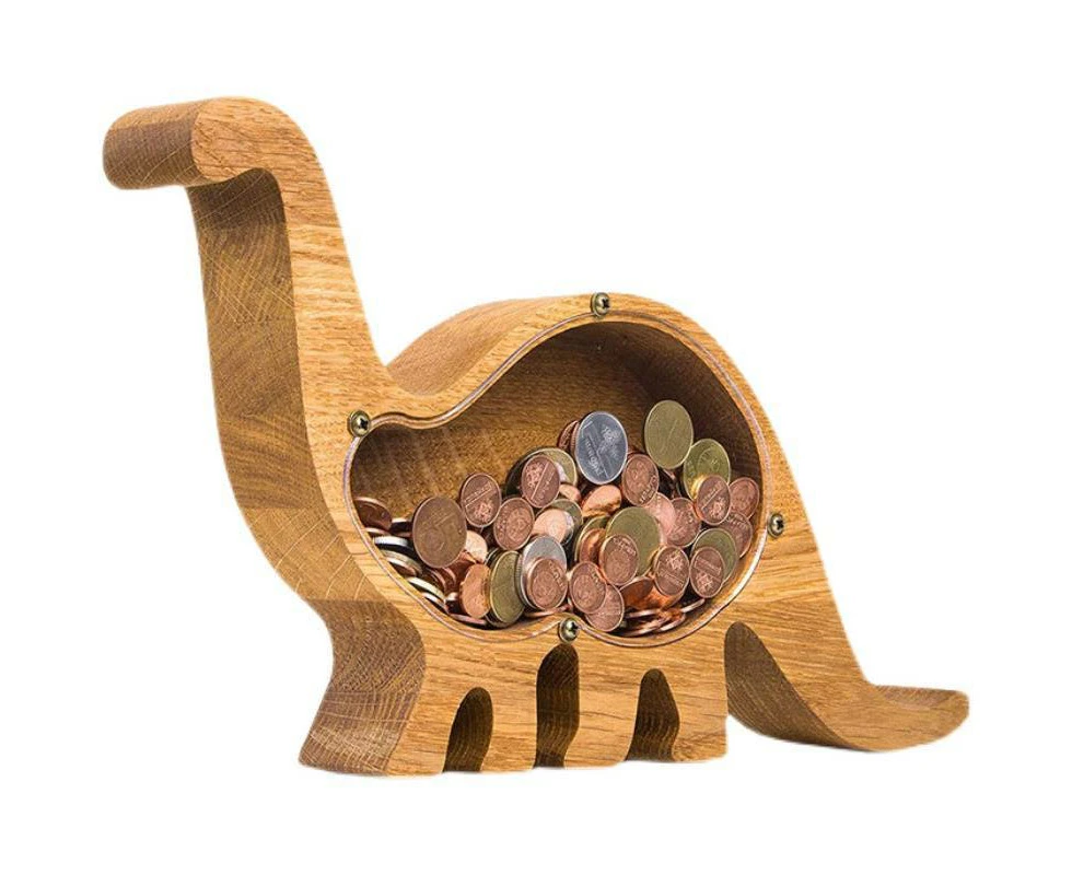 Dinosaur Wooden Money Box, Transparent Piggy Bank, Christening Gifts.