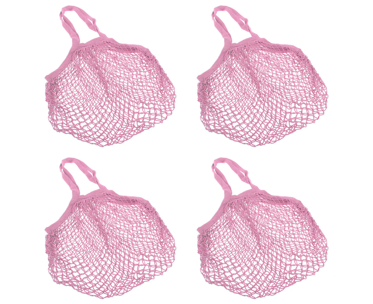 4x Sachi Cotton String Bag Long Handle Fruit Carrier Expandable Net Pastel PNK