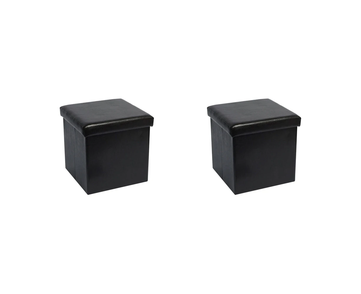 2x Vistara Folding Storage Ottomon Seat Faux Leather Finish Black 38x38x37cm