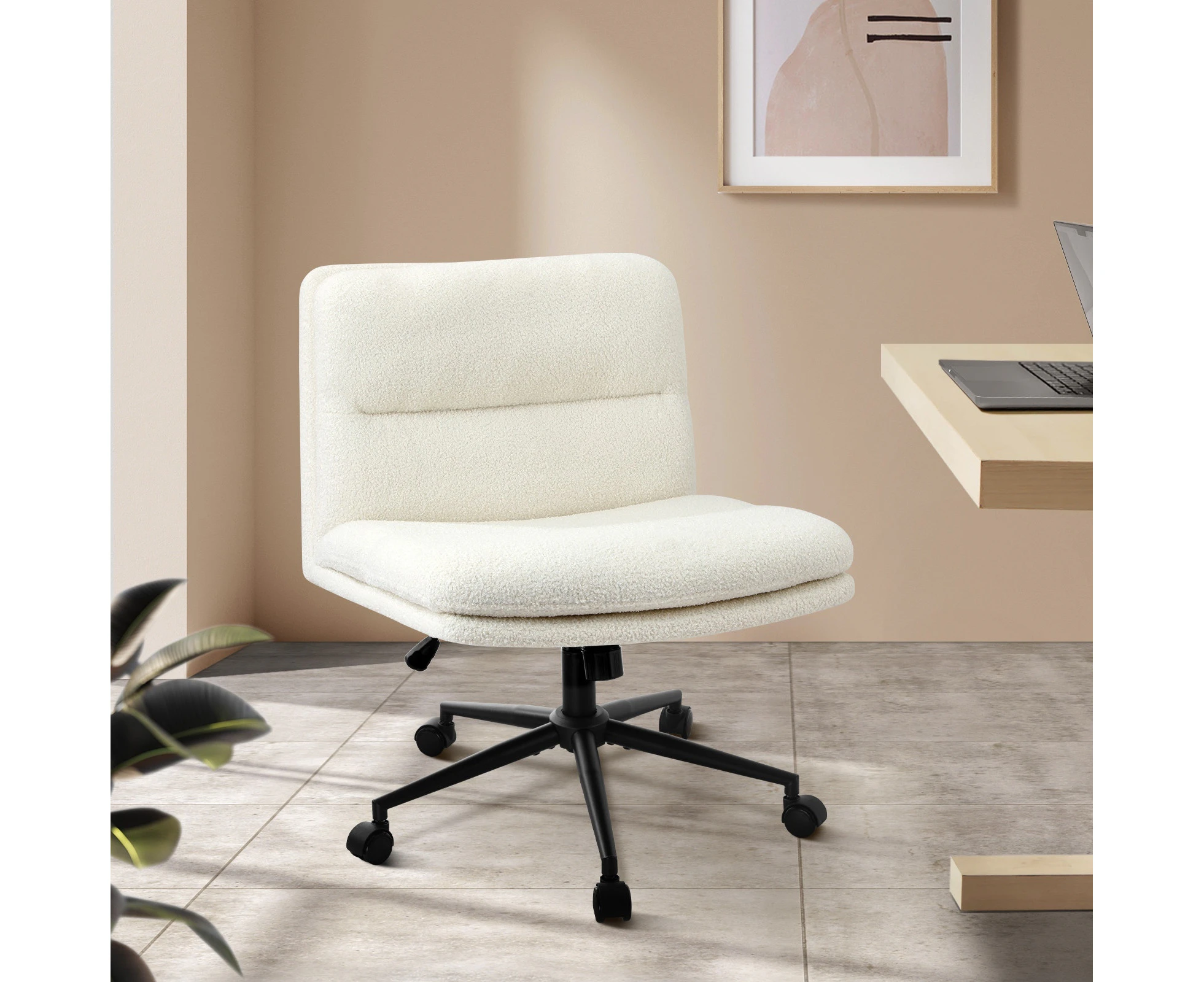 Oikiture Mid Back Armless Office Desk Chair Wide Seat Boucle White with Wheels