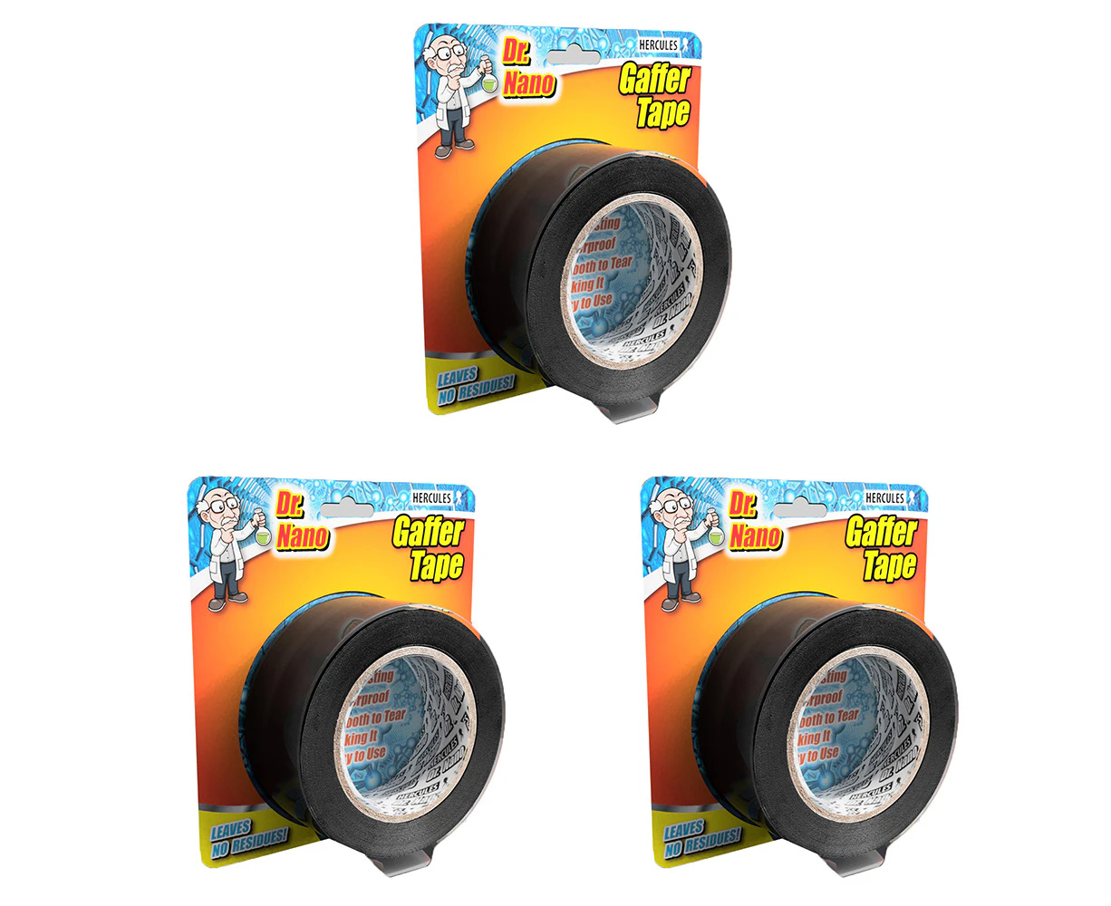 3x Hercules Dr. Nano 50mm x 27m Gaffer Tape Waterproof/Lasting/No Residue BLK