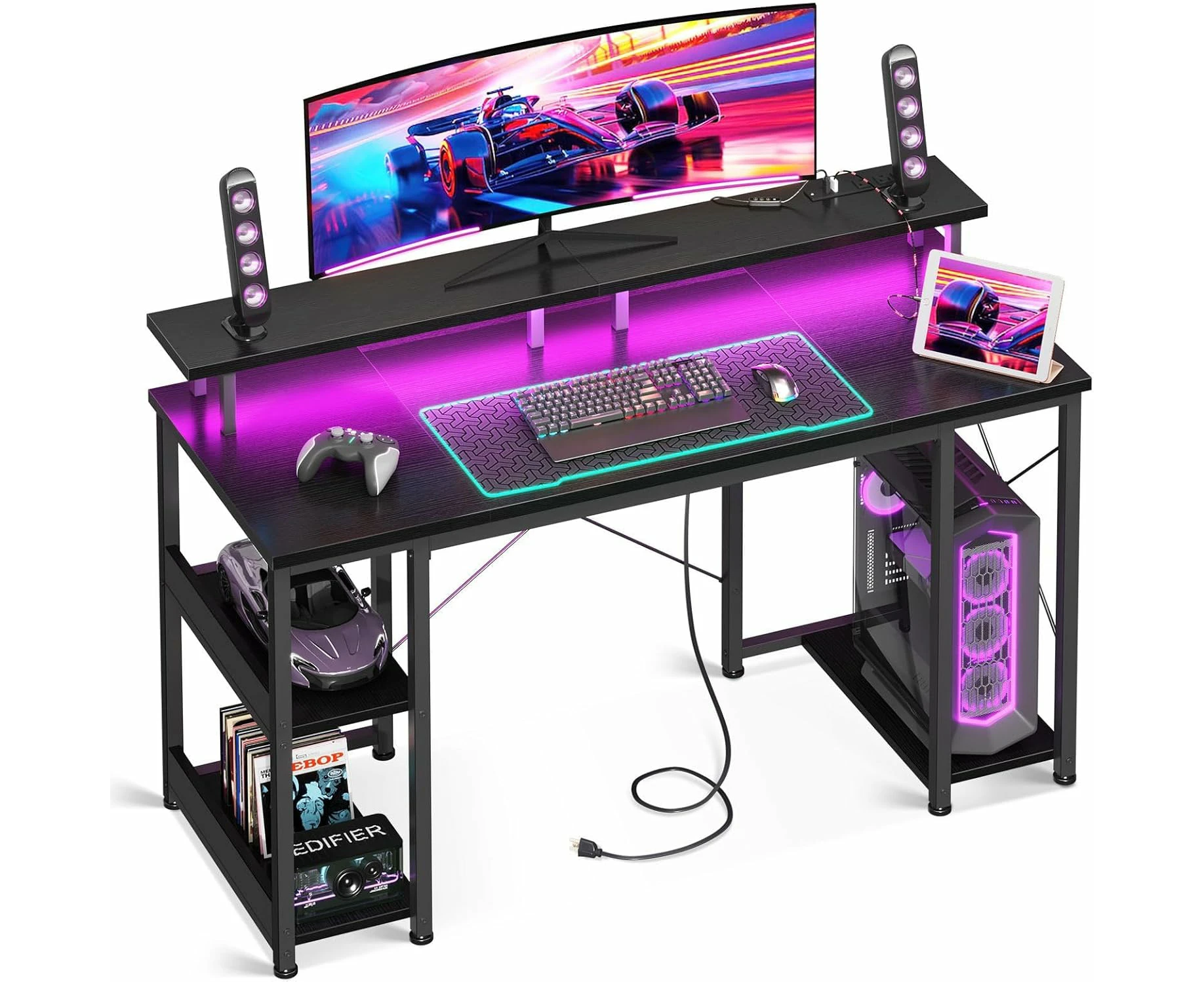 Gaming Desk with USB Charging Port & Light Strip, Home Office Desk, Gaming Desks Workstations, Black