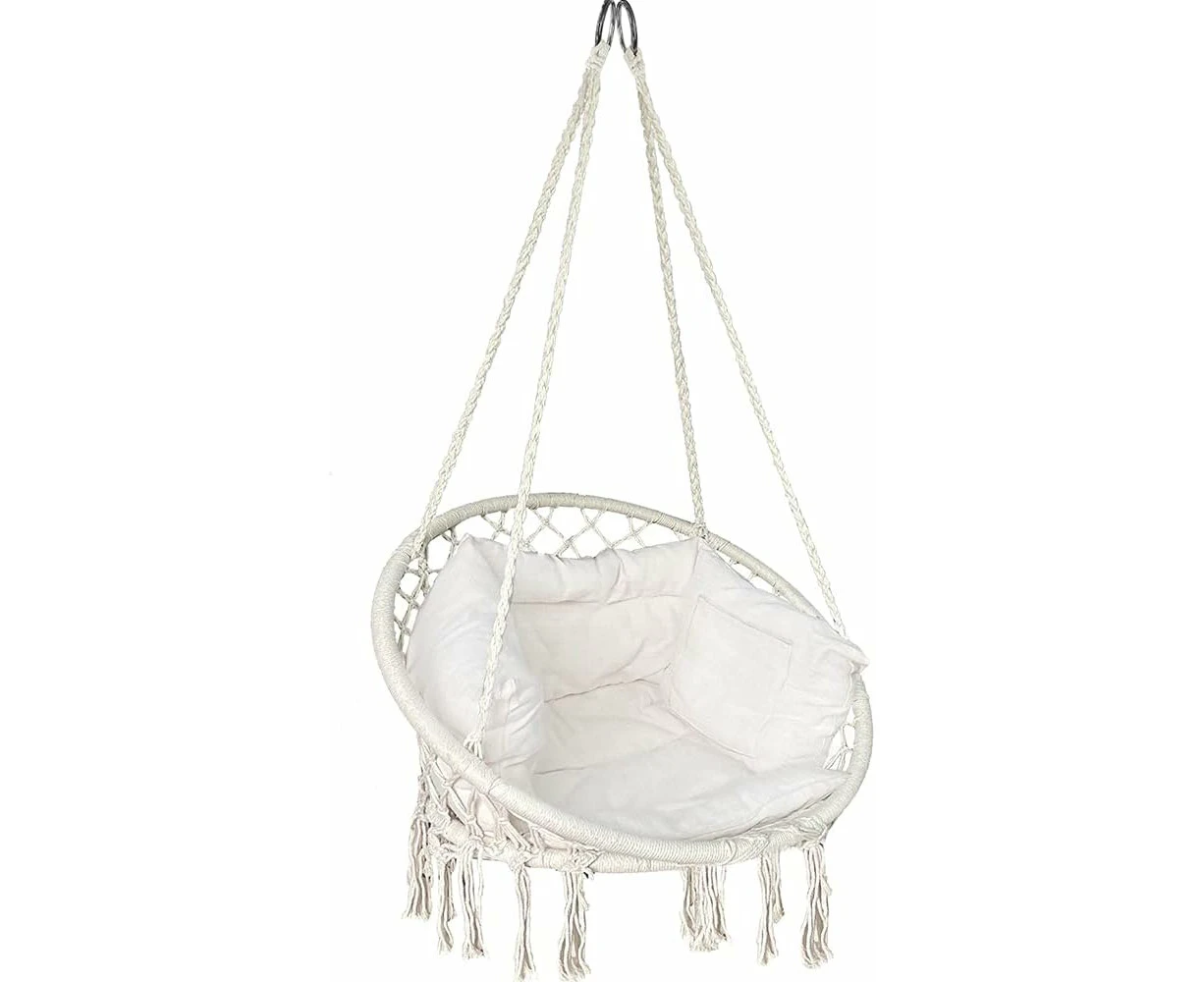 Hanging Chair with Cushion, Macrame Hammock Swing Chair for Bedroom, Balcony, Patio, Garden, Indoor or Outdoor, 265LBS Capacity, Beige