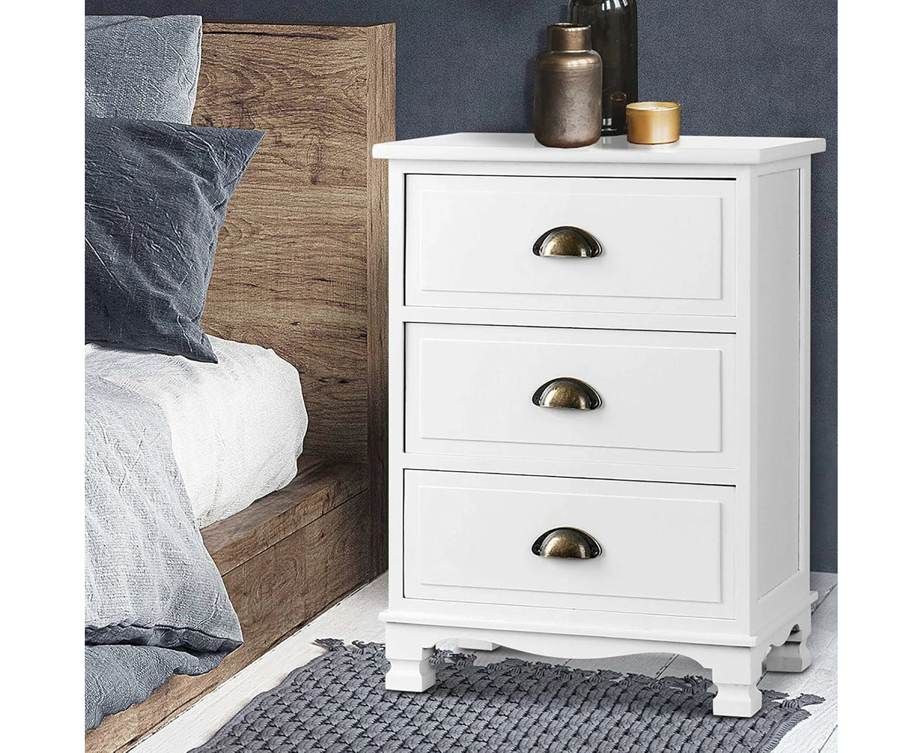 Bedside Table Vintage White Bed Side Tables Storage Small Narrow Desk Chest of Drawers, with 3 Drawer, Bedroom Living Room Home Furniture Tallboy La