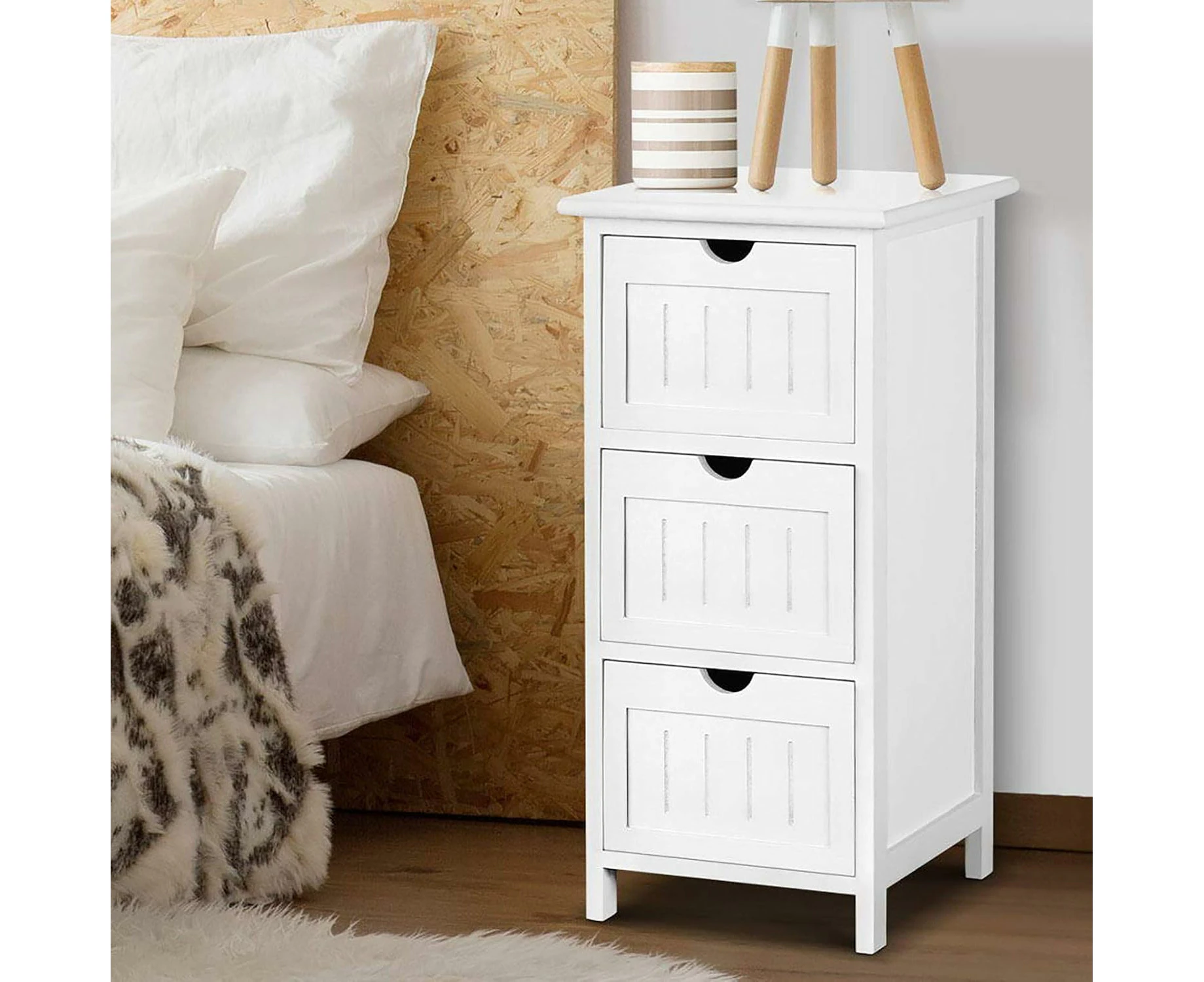 Bedside Table White Bed Side Tables Storage Dresser Small Narrow Desk Chest of Drawers, with 3 Drawer, Bedroom Living Room Home Furniture Tallboy La