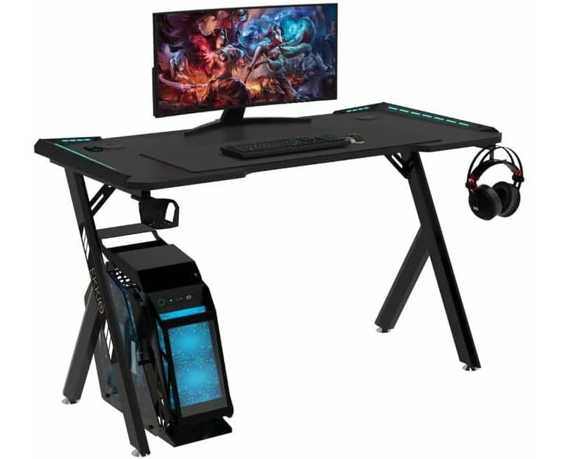 120cm RGB Gaming Desk with LED Lights, Carbon Fibre Texture, Anti-Slip Foot Pad, Ergonomic Design for Home Office Workstation - Gamer & Study Table