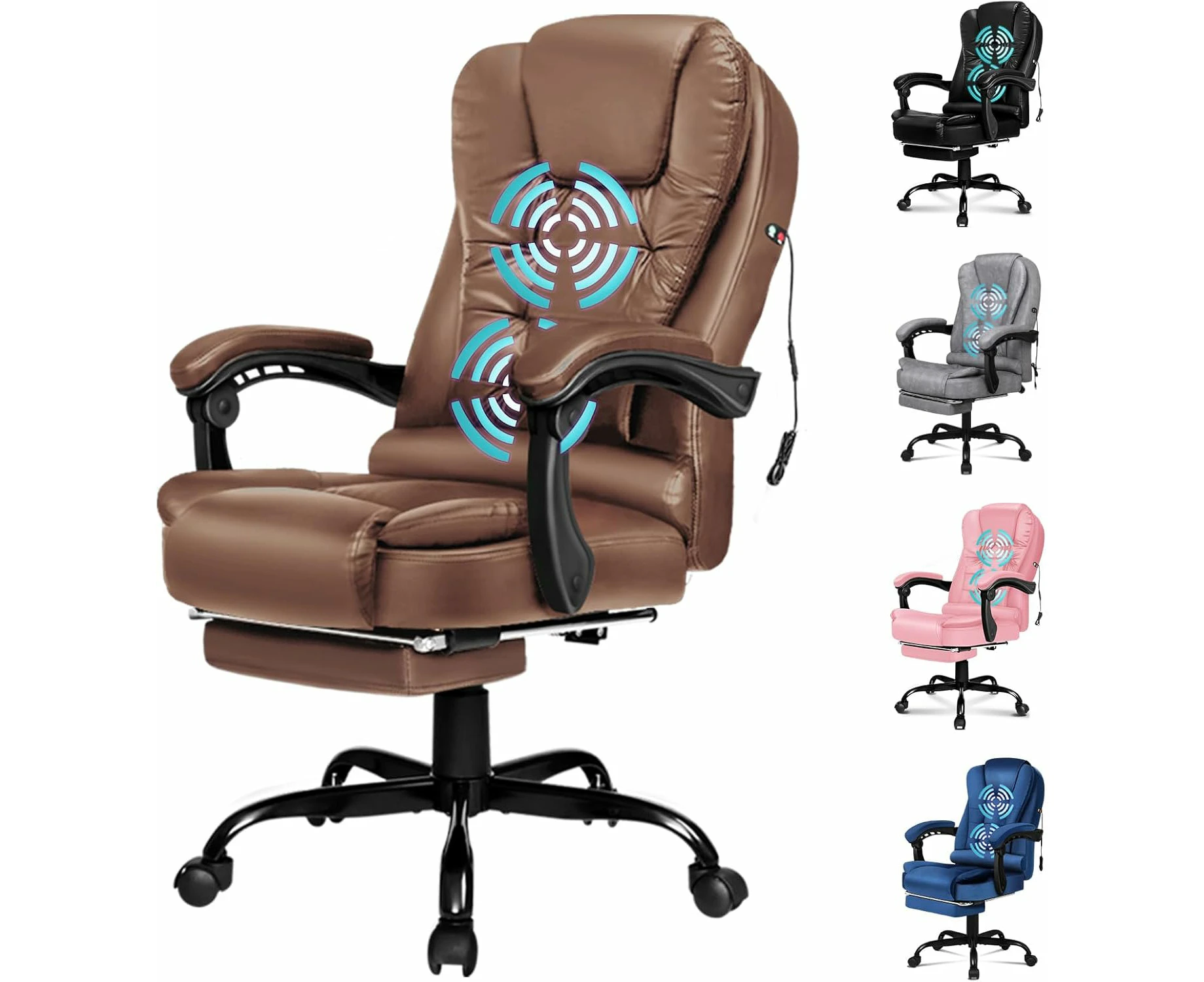 Office Chair Ergonomic Massage Computer Chair Dark Brown Swivel Leather Executive Home Desk Chair with Footrest Recliner Task Gaming Chair