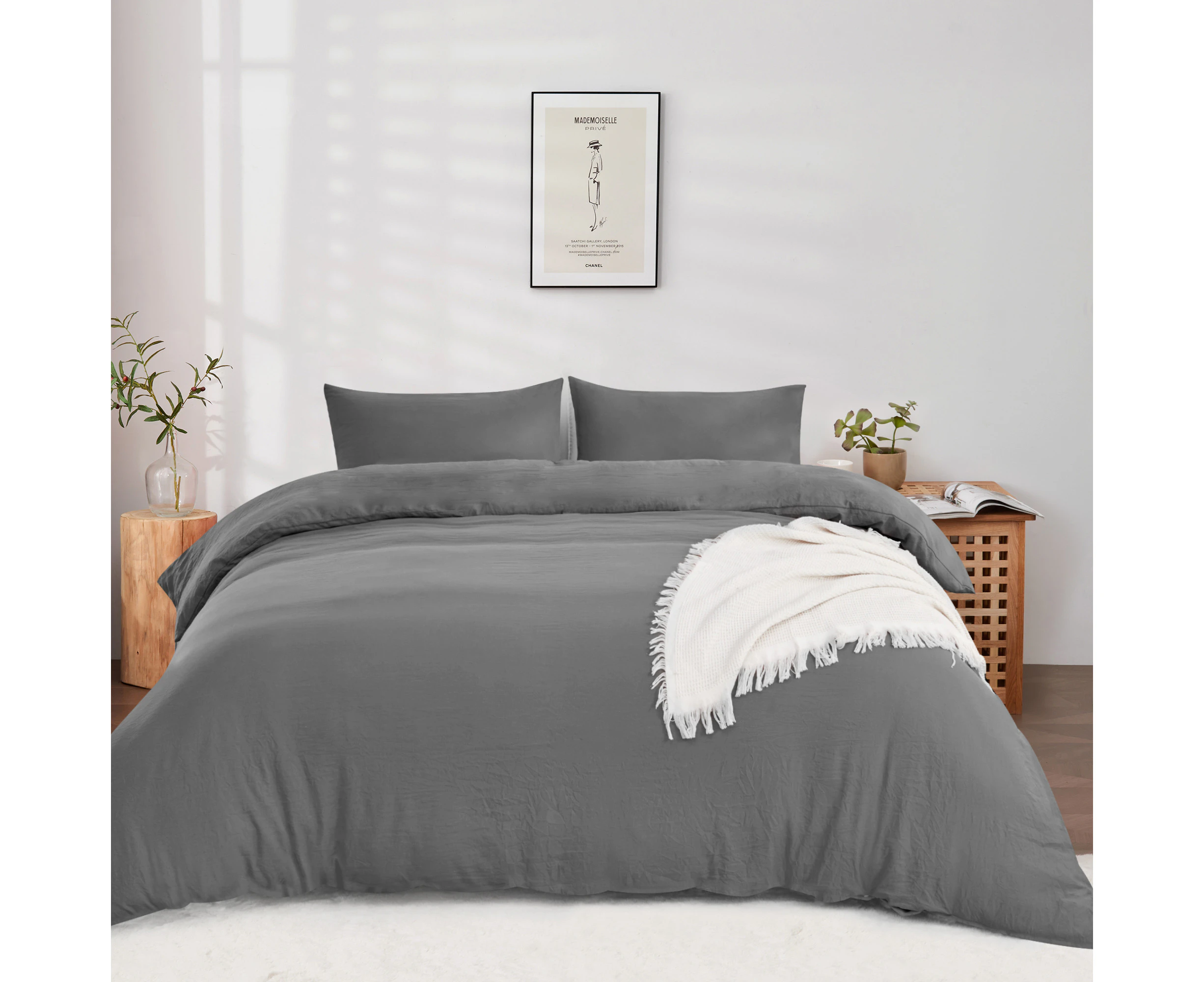 LINENOVA Pre-washed Microfiber Quilt Cover Set Ded Breathable Soft Bedding - Charcoal