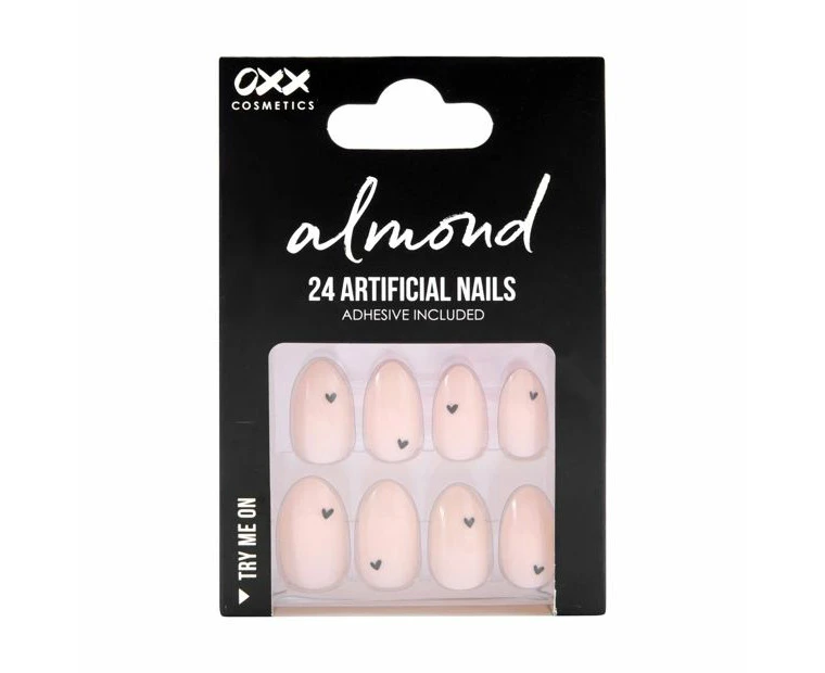 24 Pack Artificial Nails with Adhesive, Almond Shape, Black Hearts - OXX Cosmetics