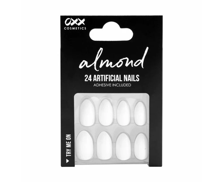 24 Pack Artificial Nails with Adhesive, Almond Shape, White Shiny - OXX Cosmetics