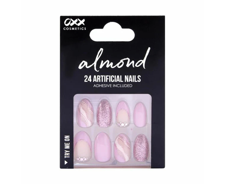 24 Pack Artificial Nails with Adhesive, Almond Shape, Pink Glitter - OXX Cosmetics