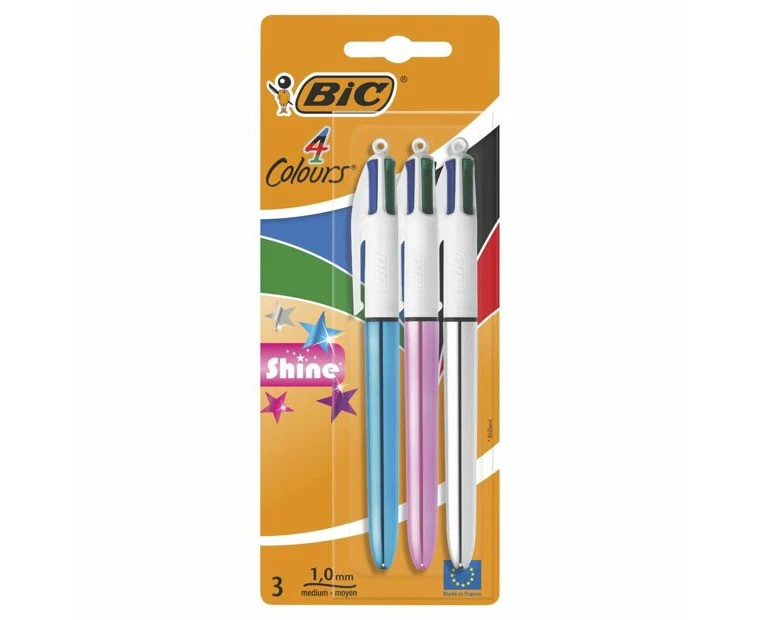 3 Pack BIC 4 Colours Shine Ballpoint Pen