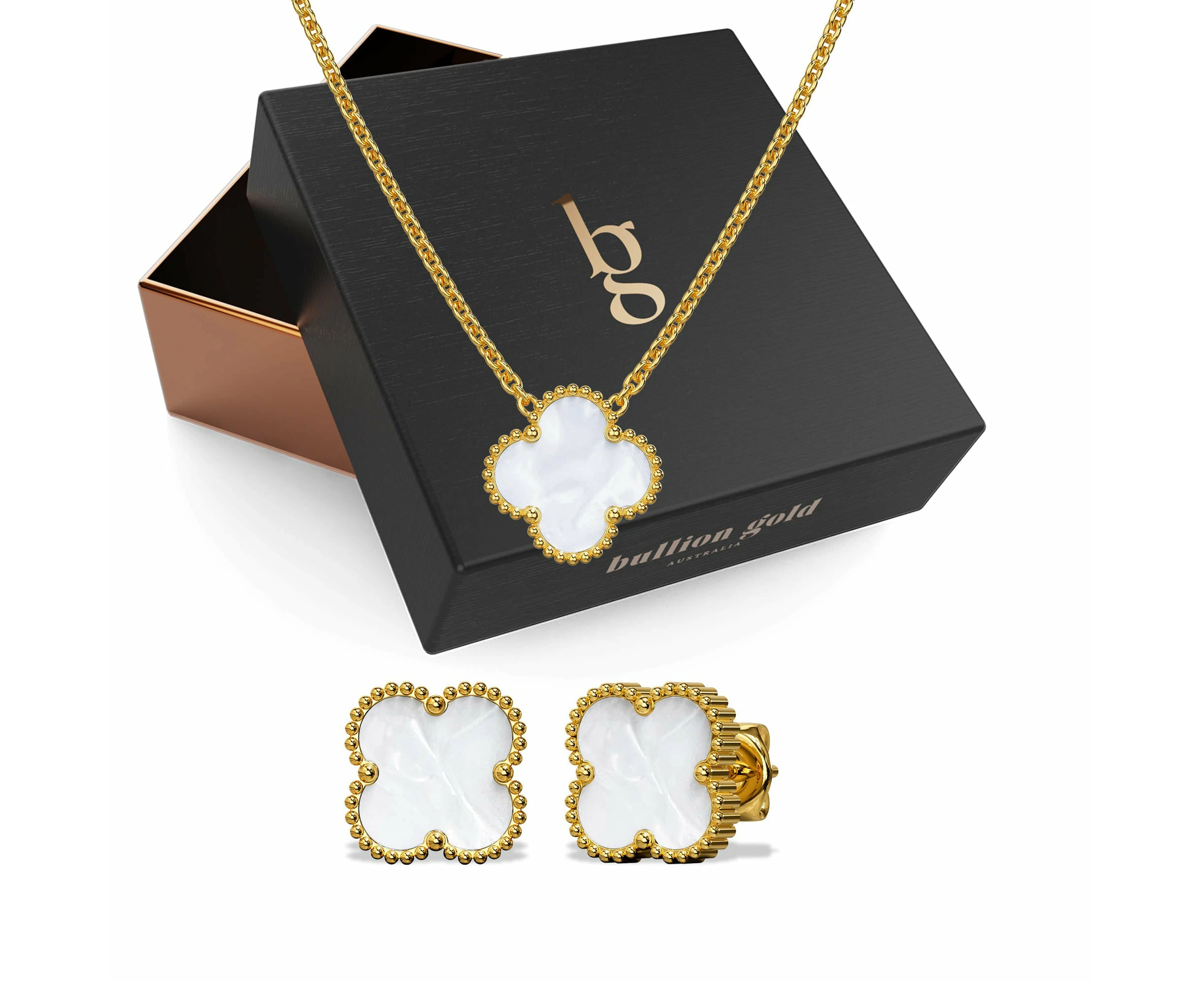 Boxed White Clover Necklace and Earrings Set