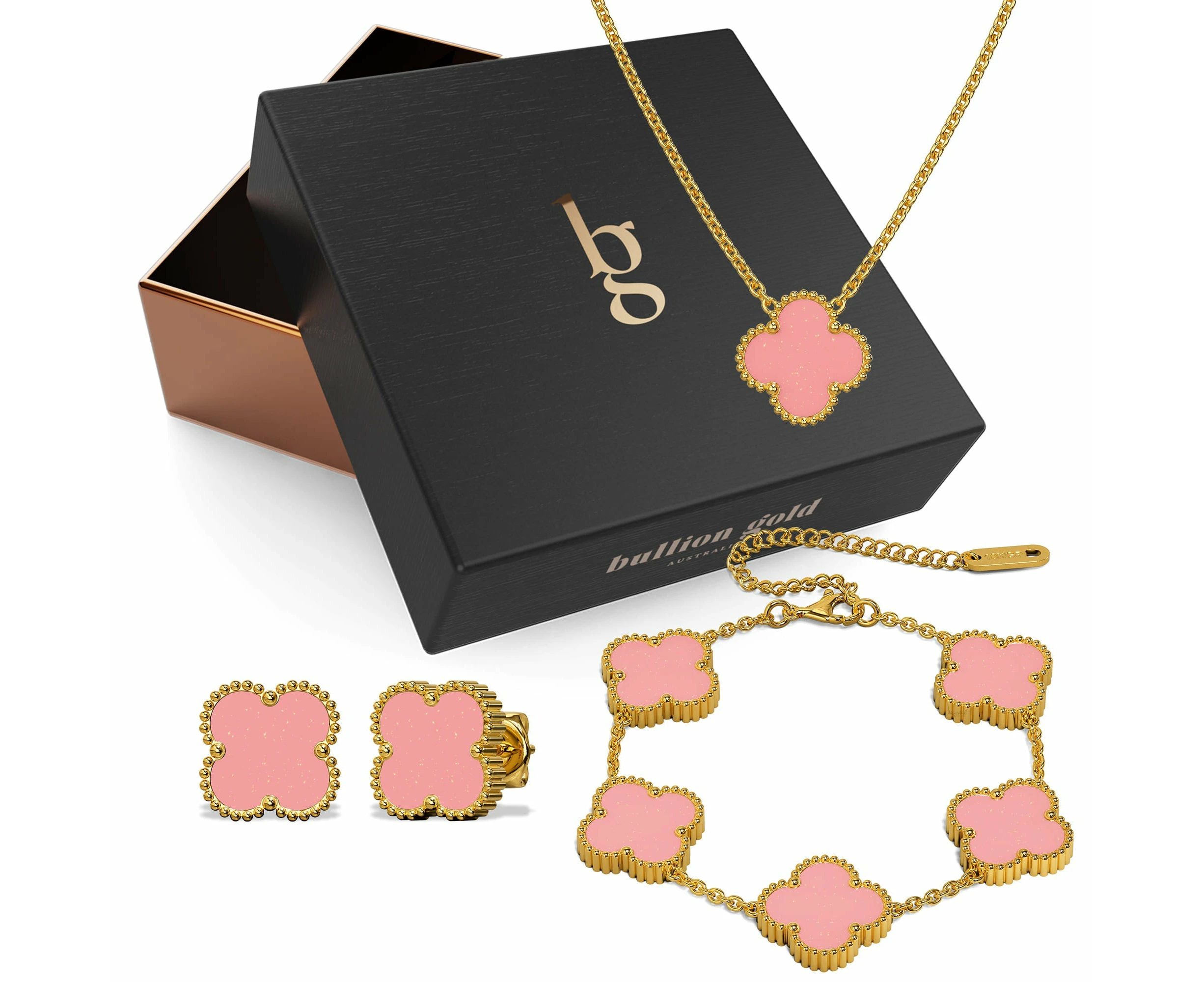 Boxed Pink Clover Necklace, Bracelet and Earrings Set