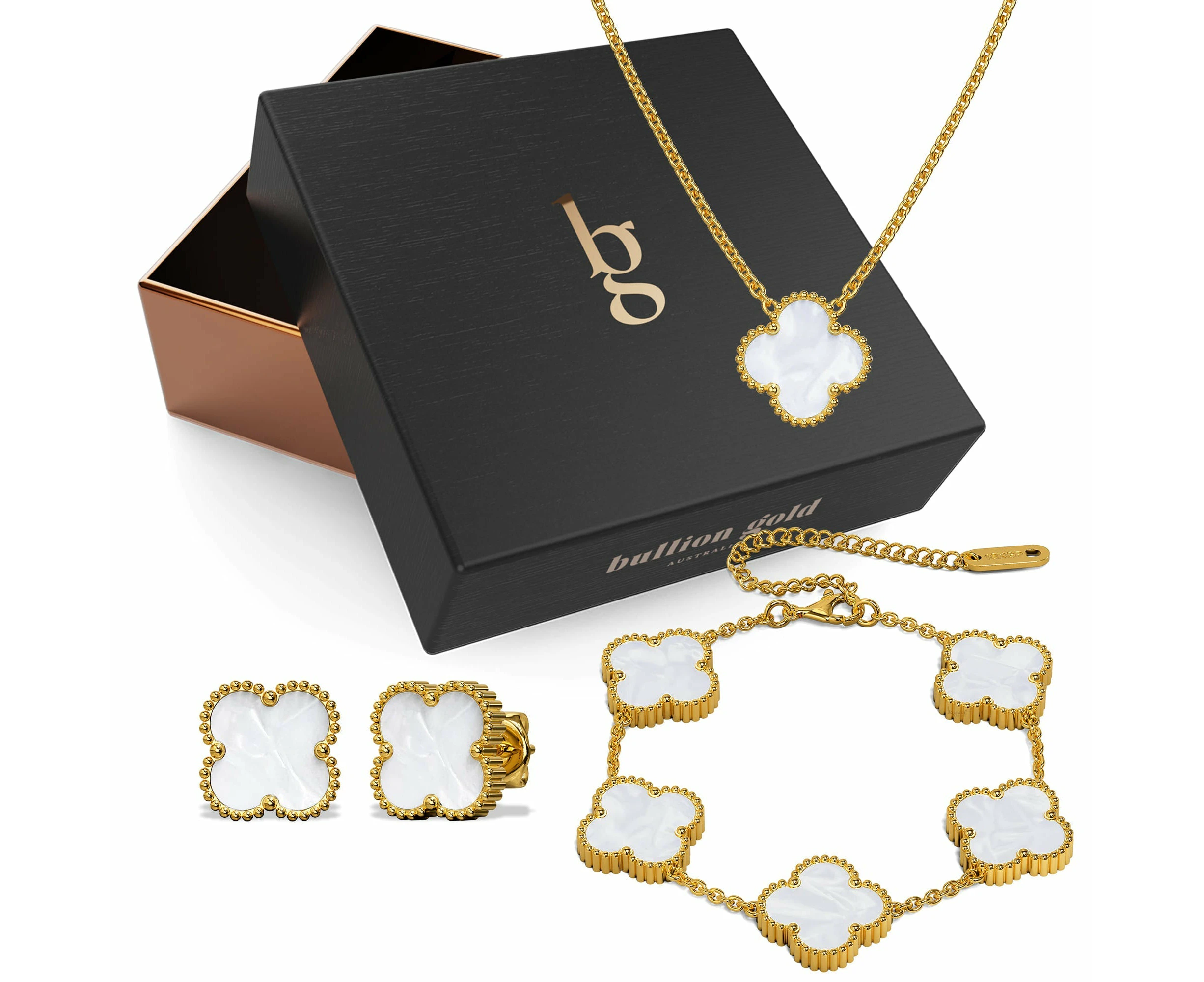 Boxed White Clover Necklace, Bracelet and Earrings Set