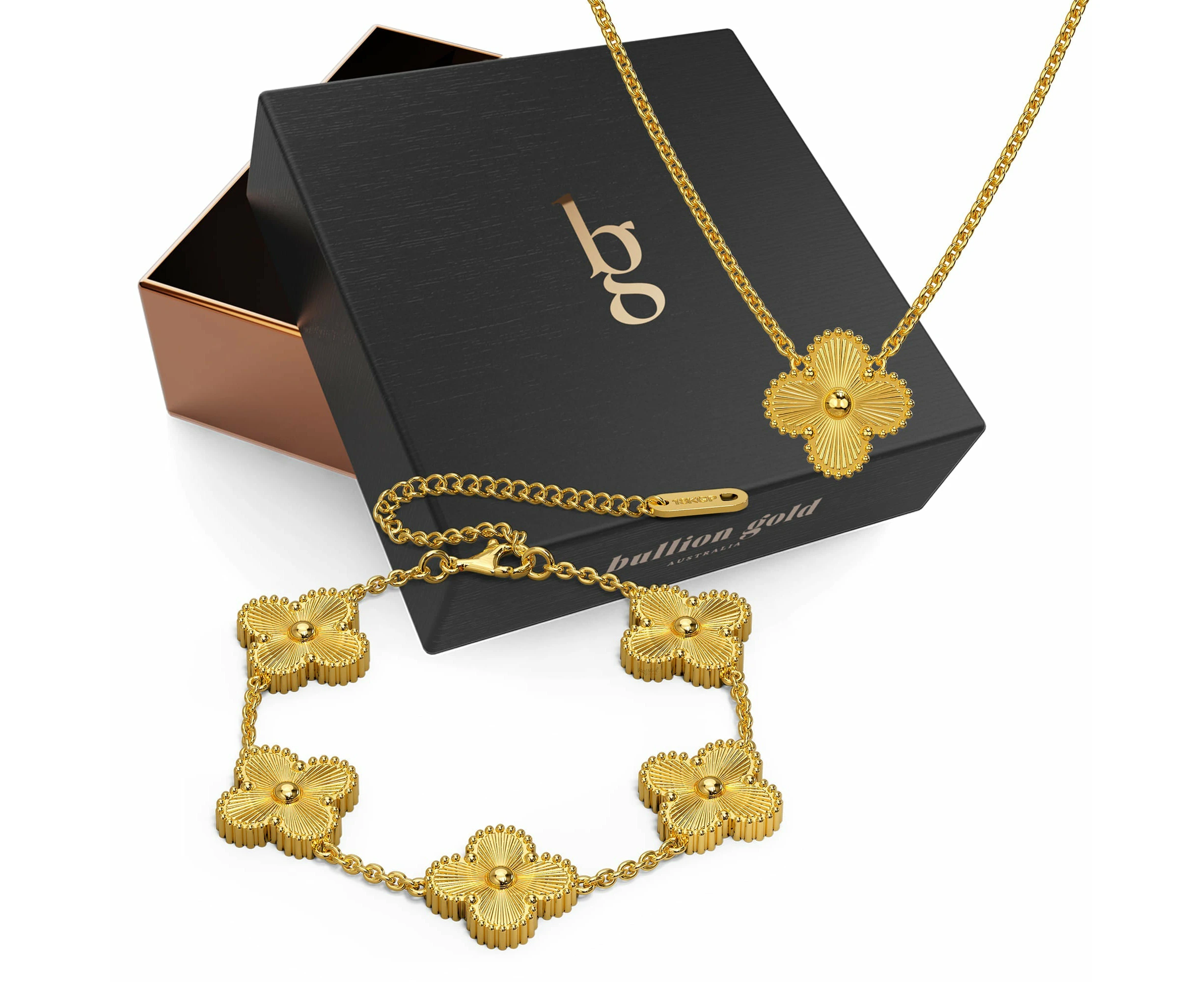 Boxed Golden Clover Necklace and Bracelet Set