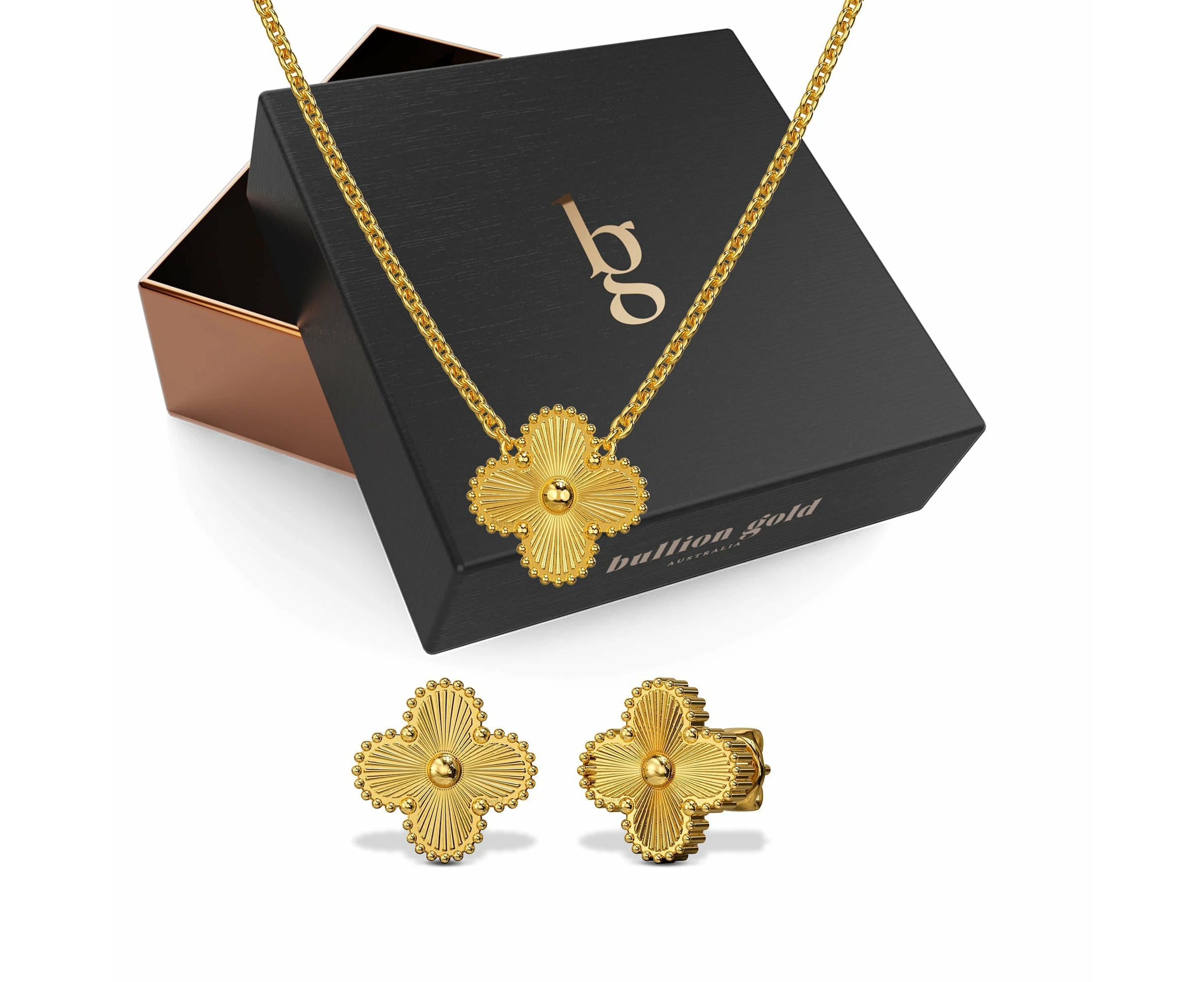 Boxed Golden Clover Necklace and Earrings Set