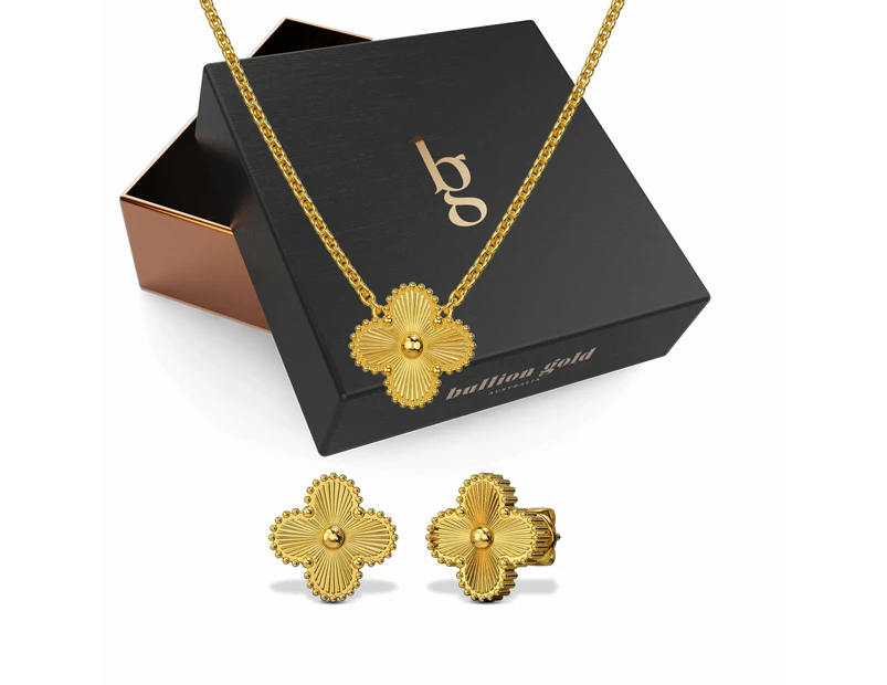 Boxed Golden Clover Necklace and Earrings Set