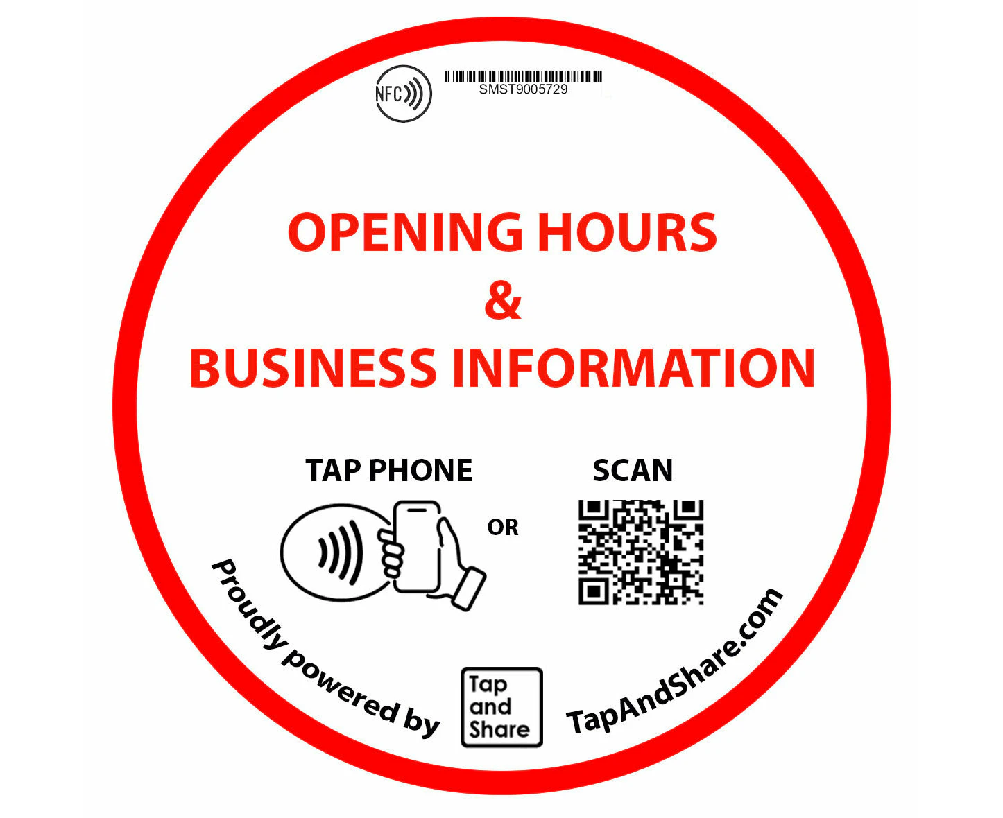 Tap and Share Contactless Sharing Smart NFC 'Opening Hours & Business Information' 10cm Adhesive Sticker + QR code