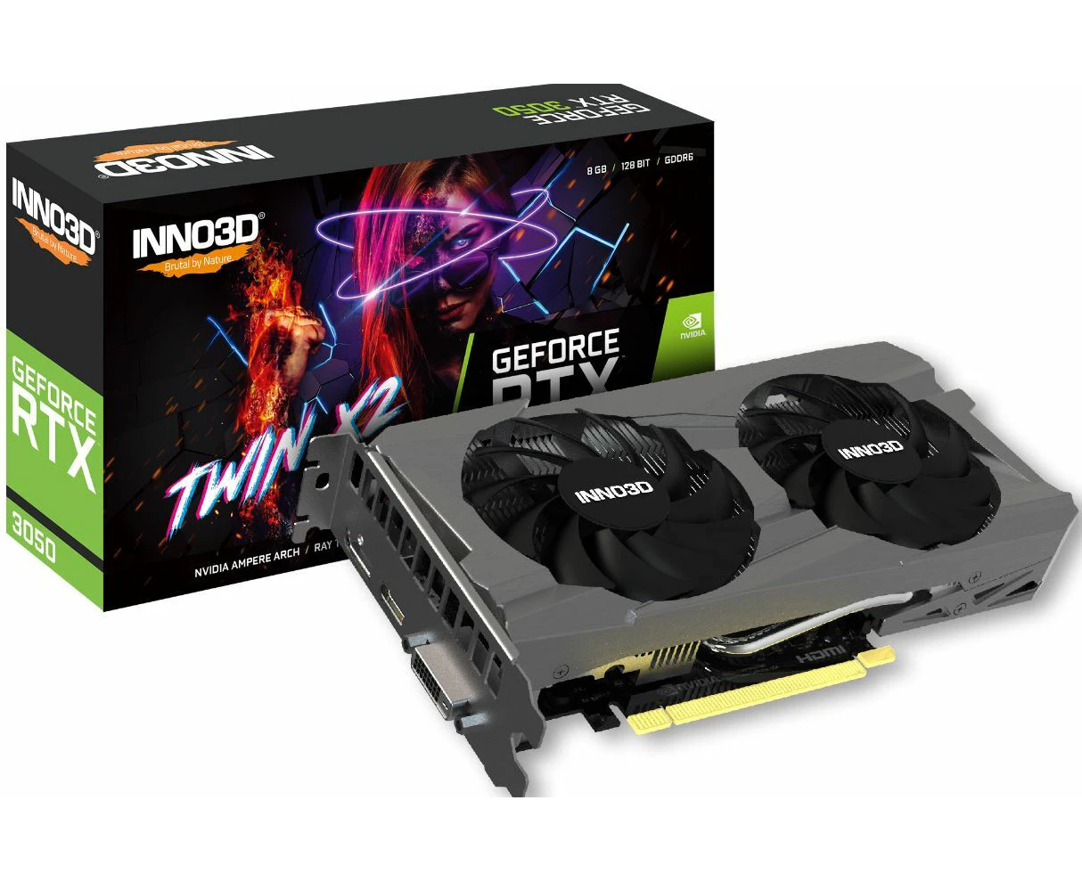 INNO3D nVidia GeForce RTX 3050 TWIN X2 GPU 8GB GDDR6 1777MHz Boost Clock RAM 14Gbps 1xDP 1xHDMI 1x DVI