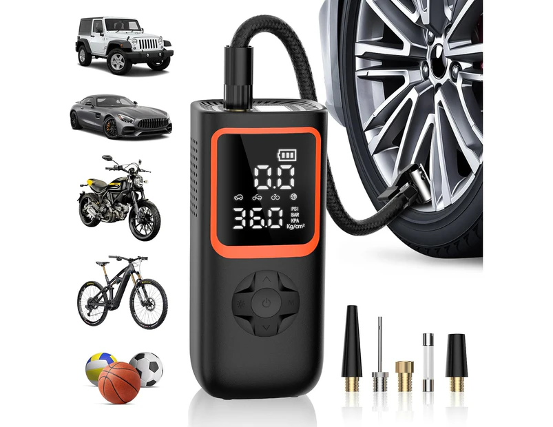 150 PSI Cordless Air Pump, 6000mAh Battery, LED Light, 2X Faster Inflation for Car, Bike (Black)