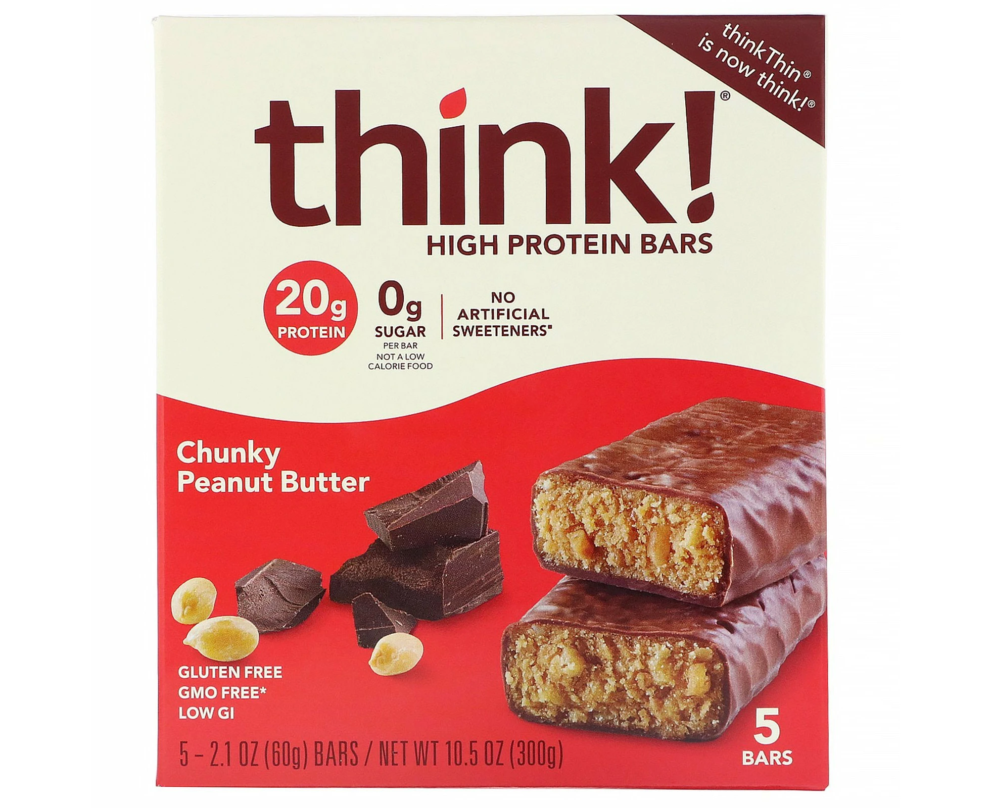 ThinkThin, High Protein Bars, Chunky Peanut Butter, 5 Bars, 2.1 oz (60 g) Each