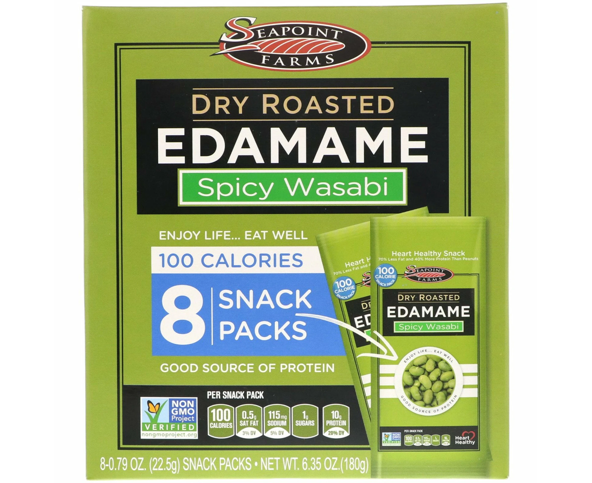 Seapoint Farms, Dry Roasted Edamame, Spicy Wasabi, 8 Snack Packs, 0.79 oz (22.5 g) Each