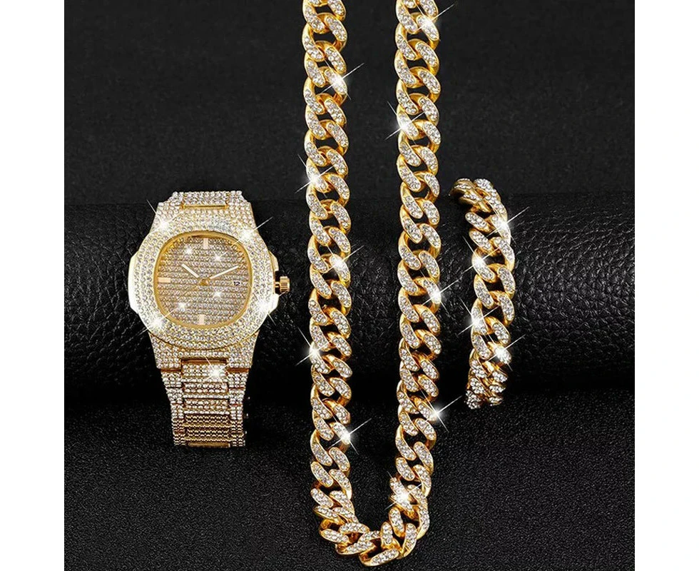 Mens Hip Hop Necklace Bracelet Cuban Chain Gold Color Iced Out Paved Rhinestones Bling Jewellery Wrist Watch Set