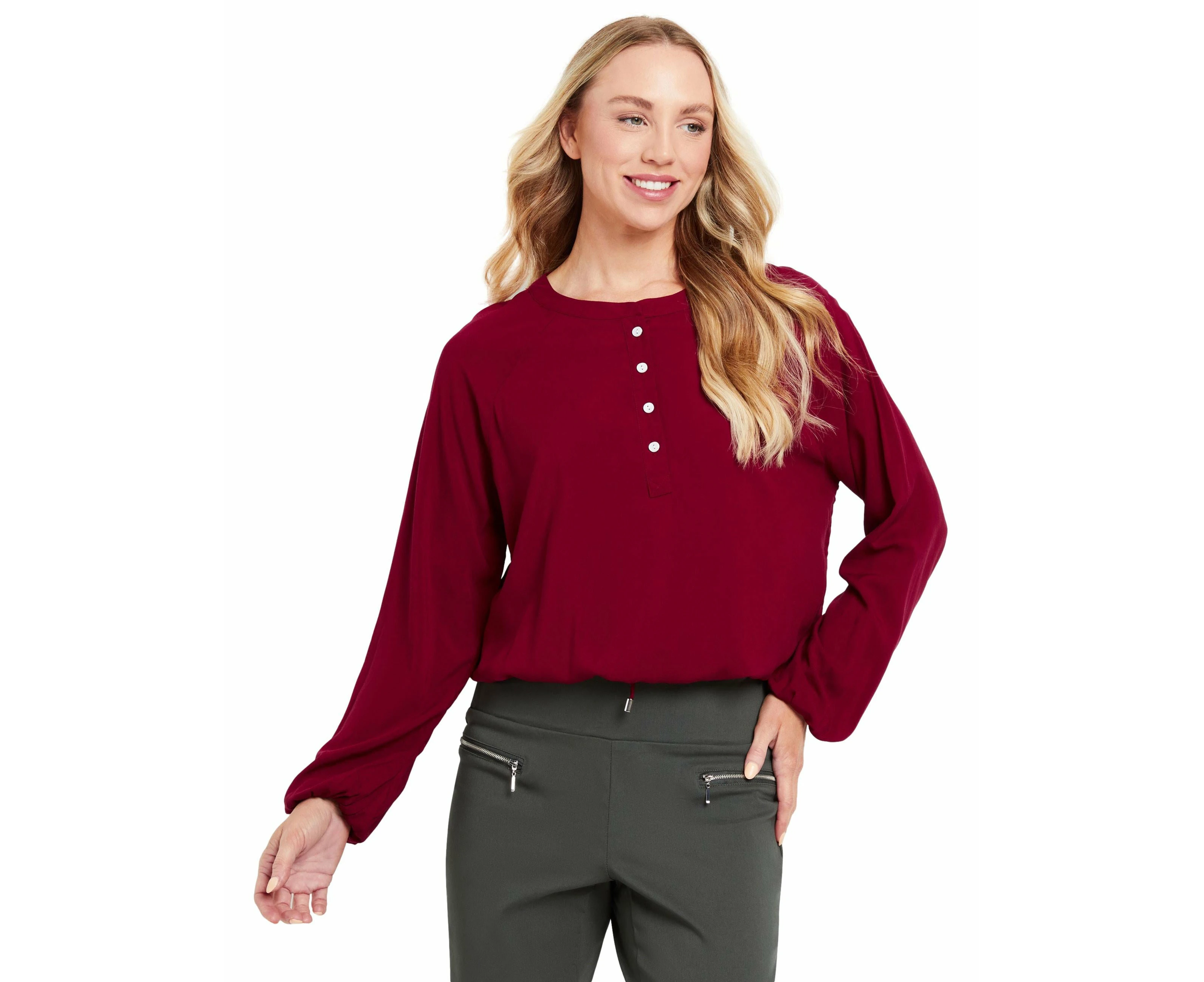 rivers - Womens - Tops - Winter - Blouse / Shirt - Red - Long Sleeve - Length Regular - Raglan Half Placket - Casual Fashion Office Wear Work Clothes