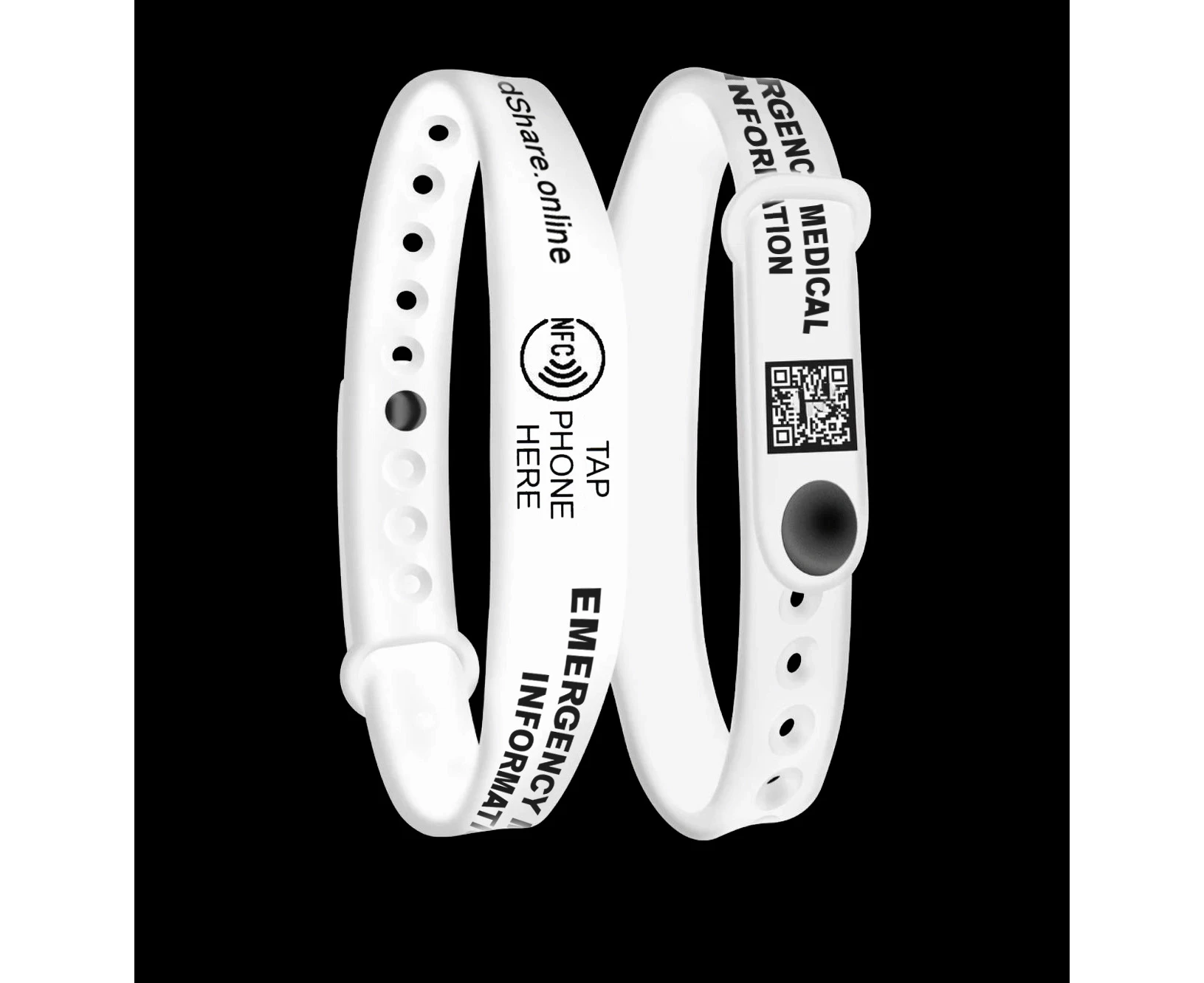 Smart NFC Emergency Medical Information Wristband ID with passive geolocation tracking system (White)