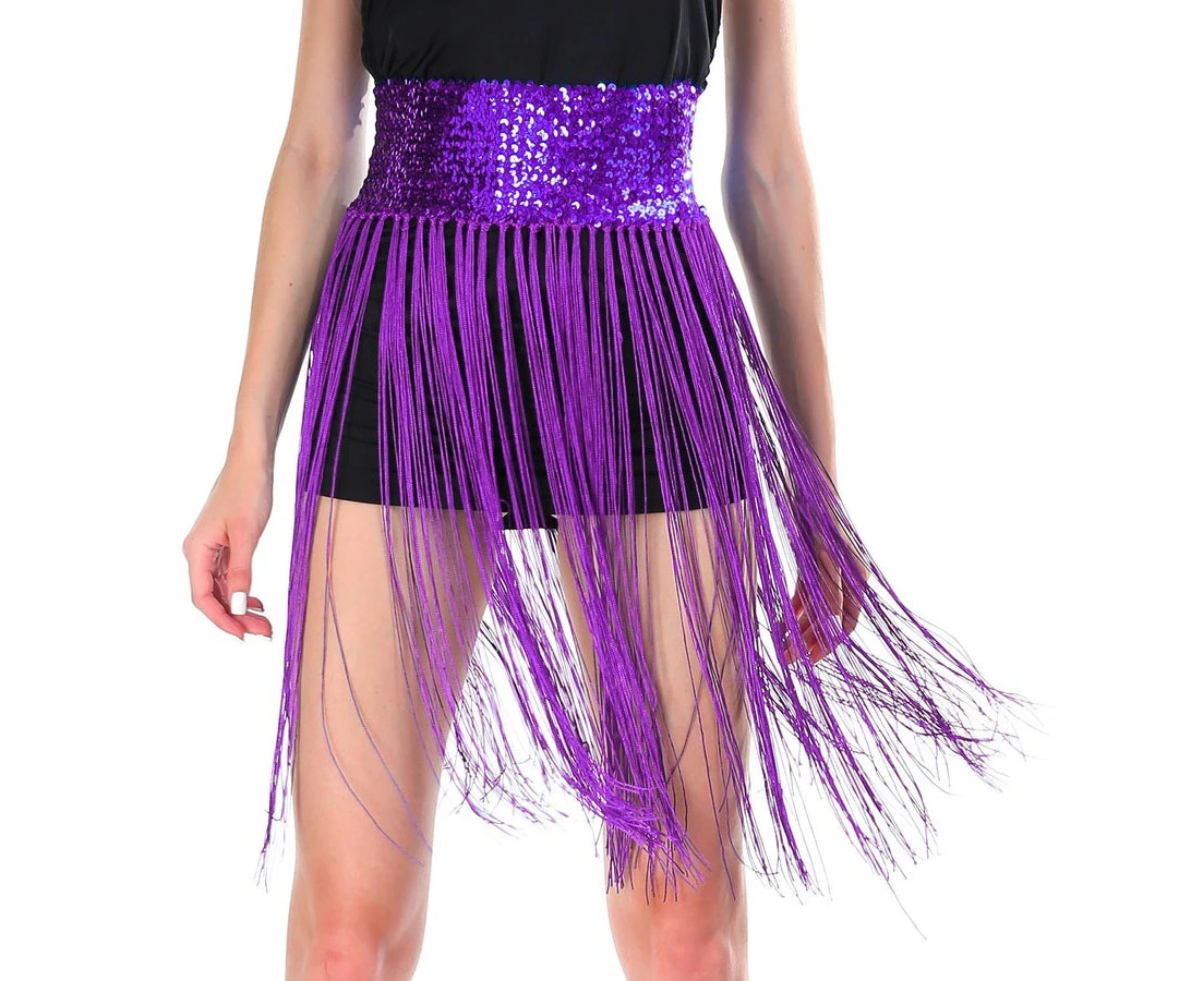 Sequin Belt w/ Fringe Skirt Belly Dance Dancer Costume Party Womens - Purple