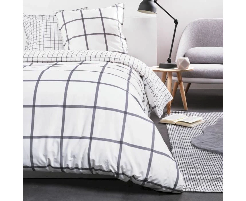 TODAY Sunshine Double Duvet Cover Set, Cotton Check Print Reversible – White – 240 x 260 cm