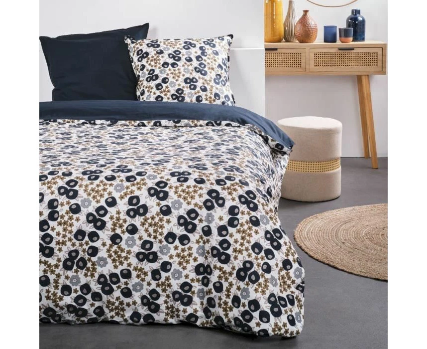 TODAY Sunshine Printed Cotton Double Duvet Cover Set - White/Navy Blue - 240 x 260 cm