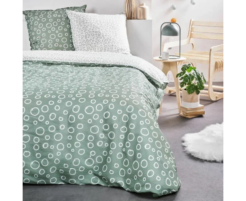 TODAY Sunshine Double Reversible Cotton Duvet Cover Set with Bubbles – Celadon/White – 240 x 220 cm