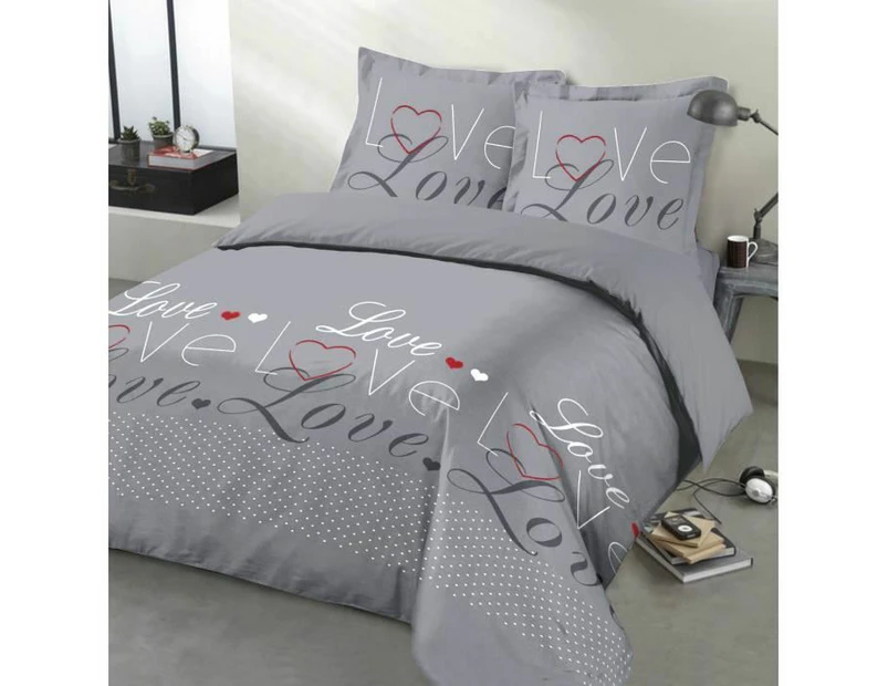 Vision - Love Grey Bedding Set - Duvet Cover Set 260 x 240 cm with 2 Pillowcases for King Size Bed - 100% Cotton