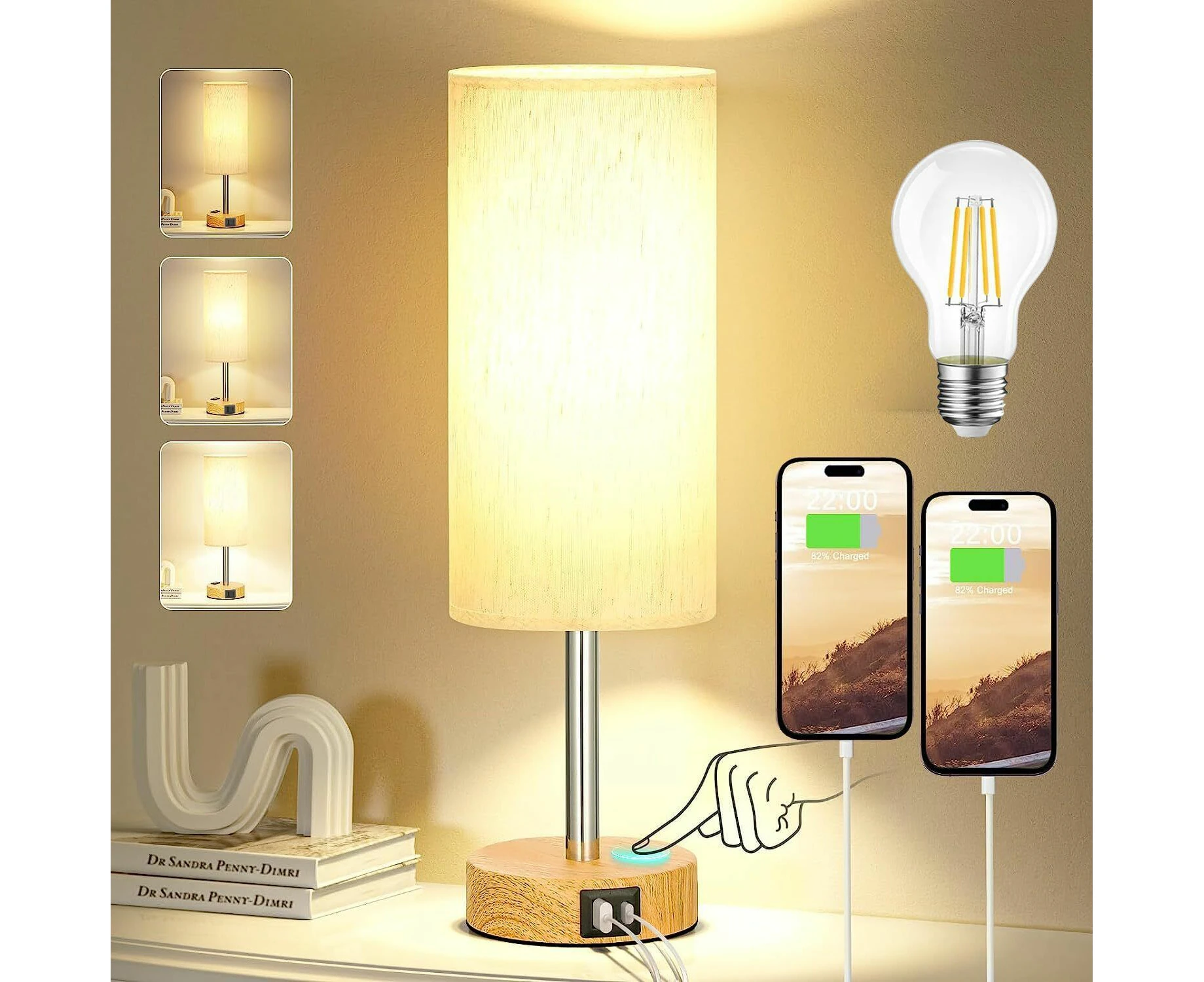 Bedside Touch Table Lamp With USB A & Type C Charging Ports Dimmable Desk Light