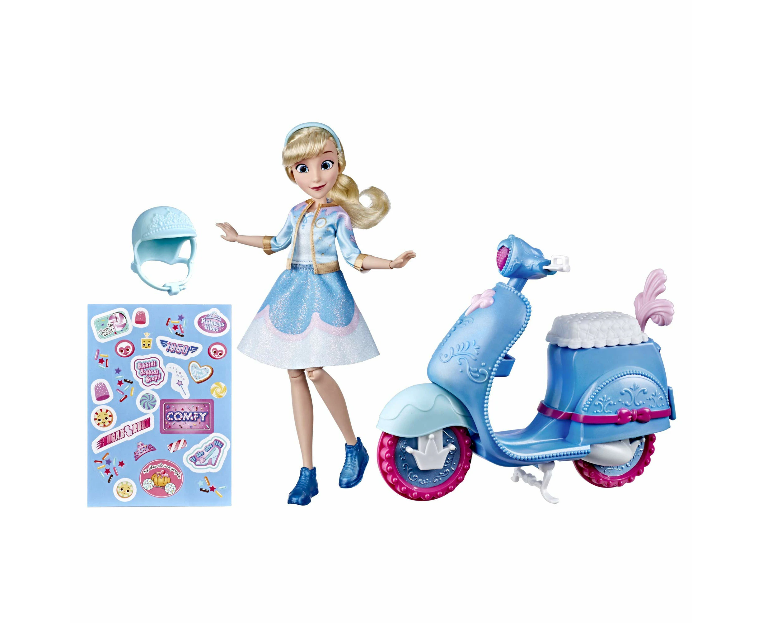 Disney Princess Comfy Squad Cinderella's Sweet Scooter, Fashion Doll with Scooter, Helmet and Stickers, Toy for Girls 5 Years and Up