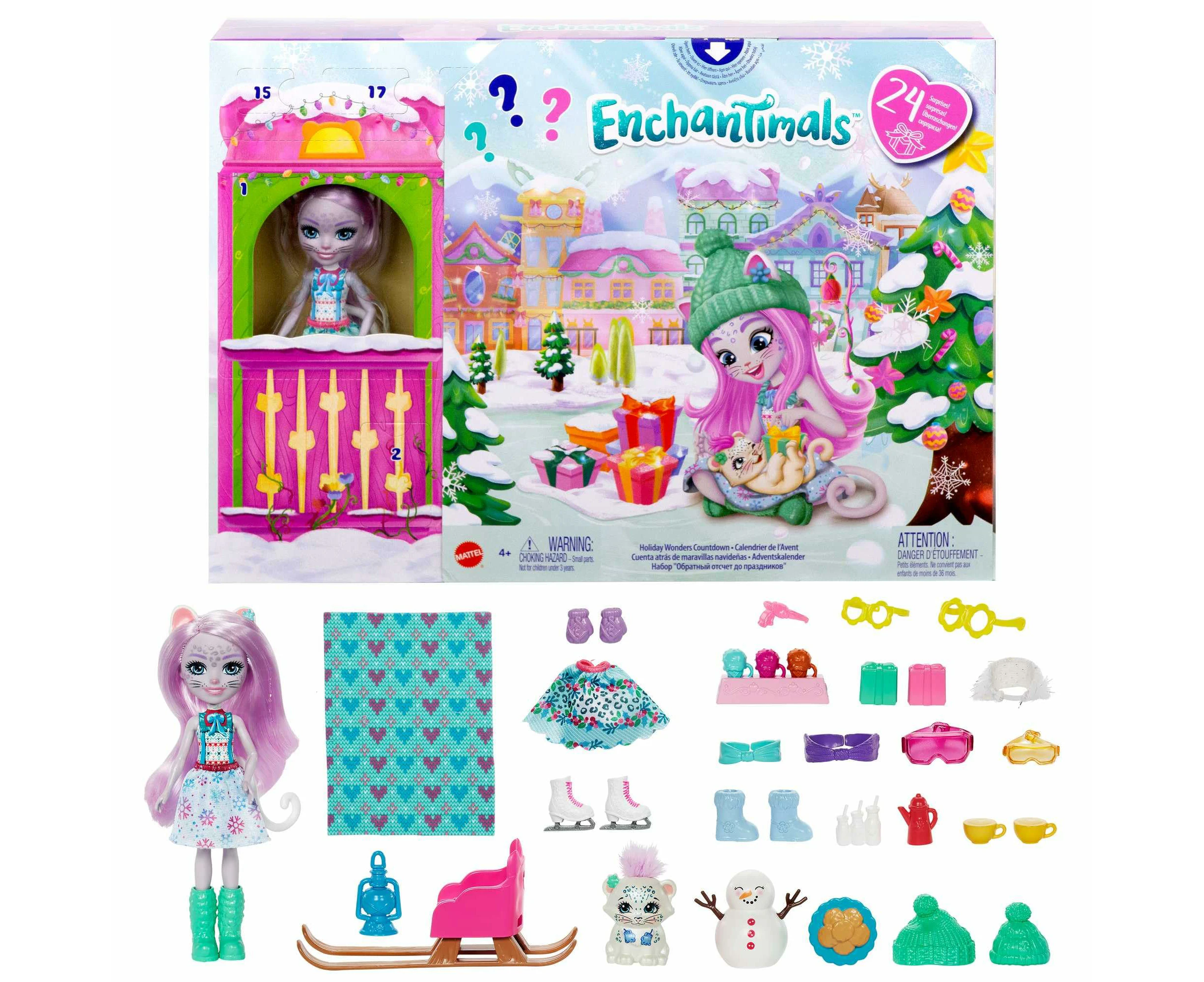 Enchantimals Advent Calendar with Sybill Snow Leopard Doll (6-in), Animal Figure, & 24 Accessories, Great Gift for Kids Ages 4Y+, HHC21